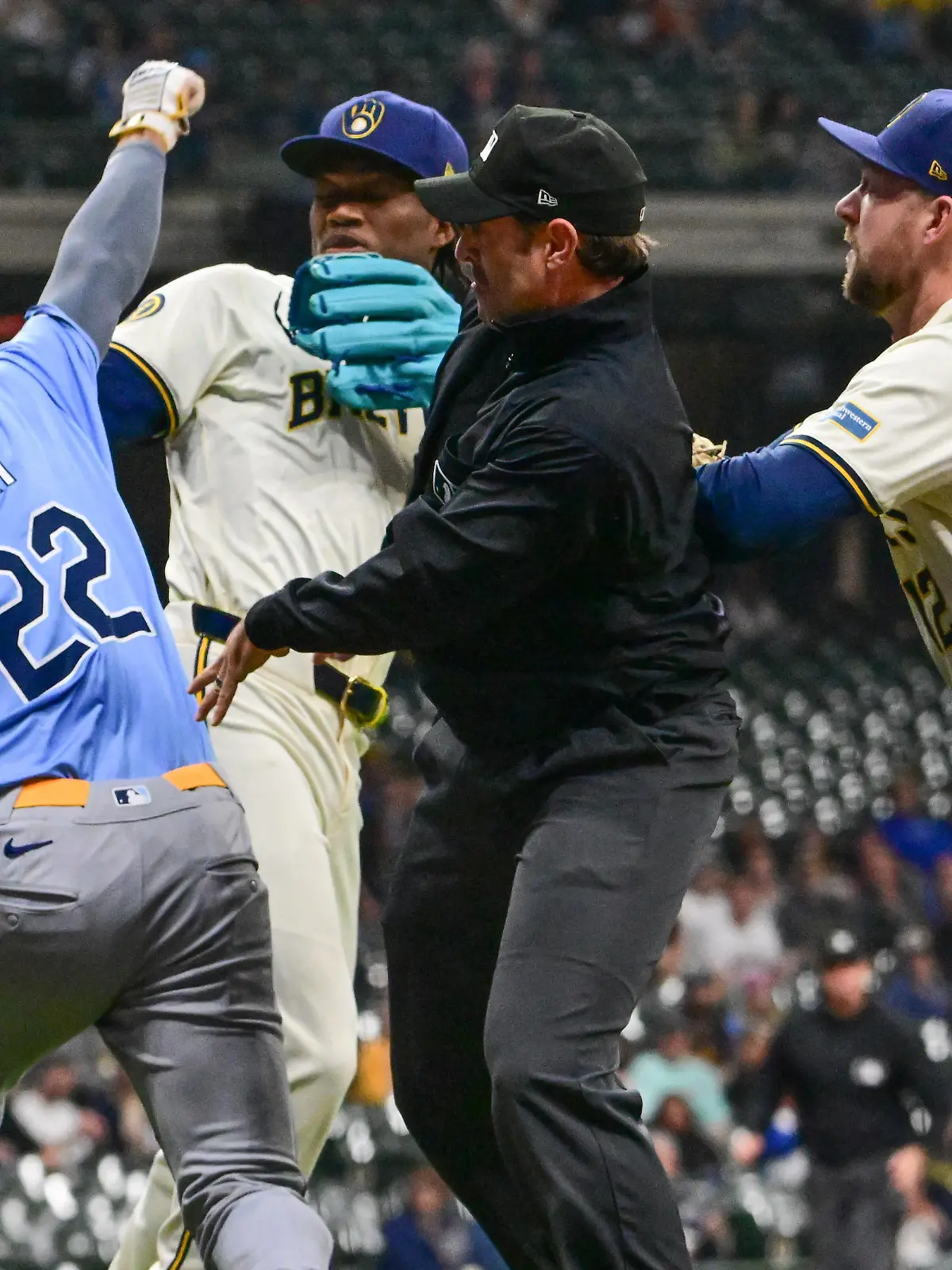 Apr 30, 2024; Milwaukee, Wisconsin, USA; Tampa Bay Rays center fielder Jose Siri (22) takes a swing at Milwaukee Brewers pitcher Abner Uribe (45) in the eighth inning at American Family Field. Mandatory Credit: Benny Sieu-USA TODAY Sports