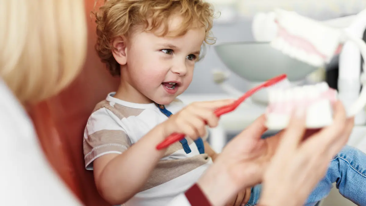 Curious little boy brushing teeth on dental model while he sitting on dental chair, learning dental habit concept