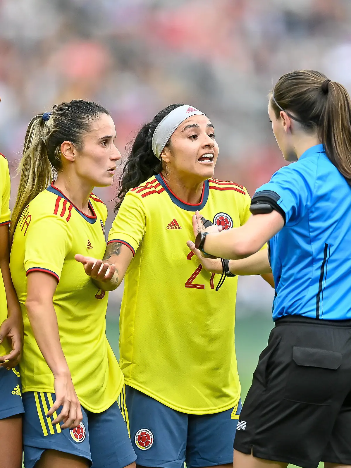COMMERCE CITY, CO - JUNE 25: Colombia players Liana Salazar 21, Daniela Montoya 6 and Daniela Arias argue against a penalty kick in the first half of a friendly match between the United States and Columbia on June 25, 2022 at Photo by Dustin Bradford/Icon Sportswire SOCCER: JUN 25 Women s - USA v Colombia Icon132220625006 