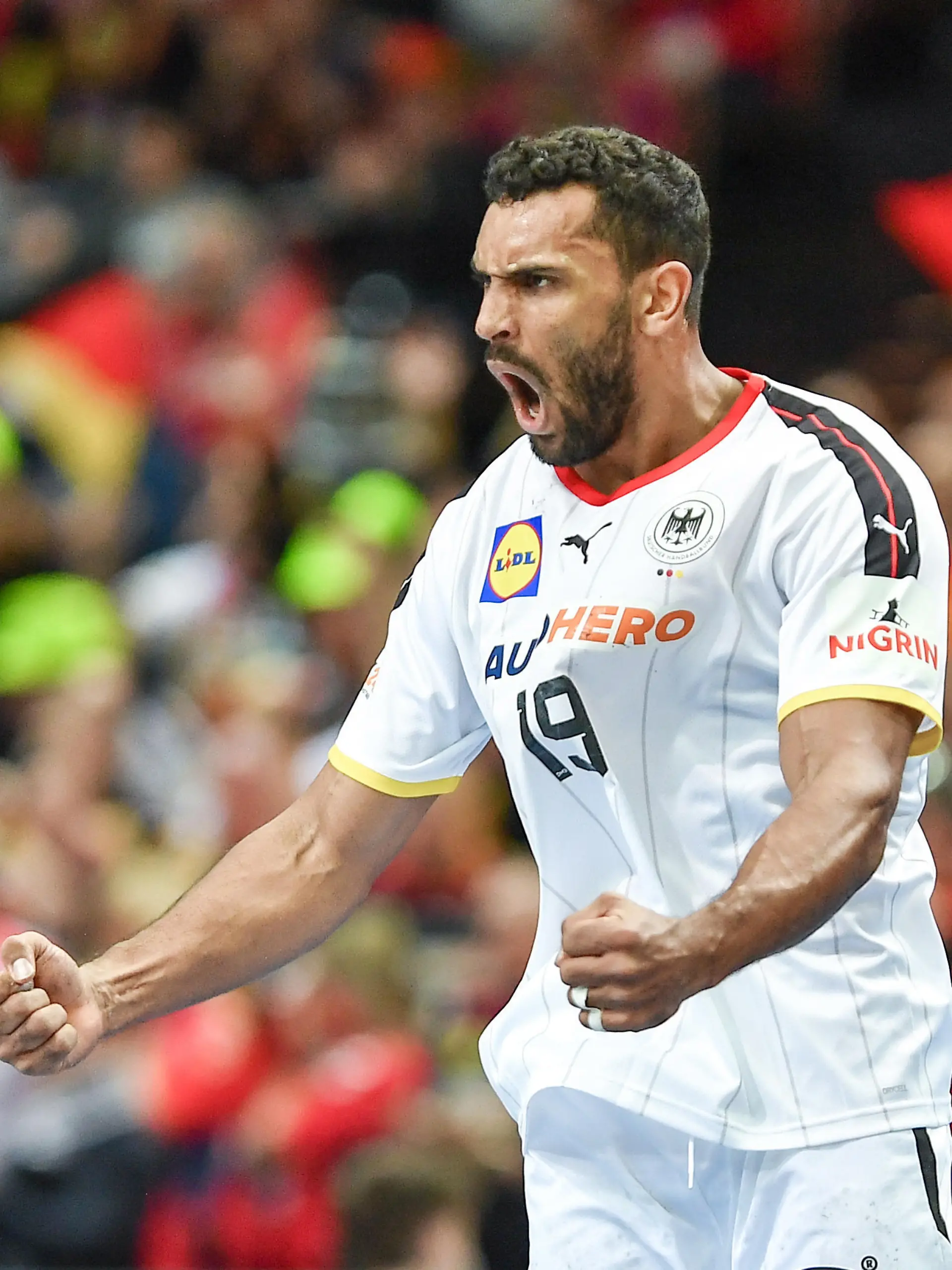 firo : 23.01.2023, Handball WM , in Polen , und , Schweden , 2023 , 23 Hauptrunde Deutschland - Norwegen Djibril Mbengue , GER Jubel Djibril MBengue
