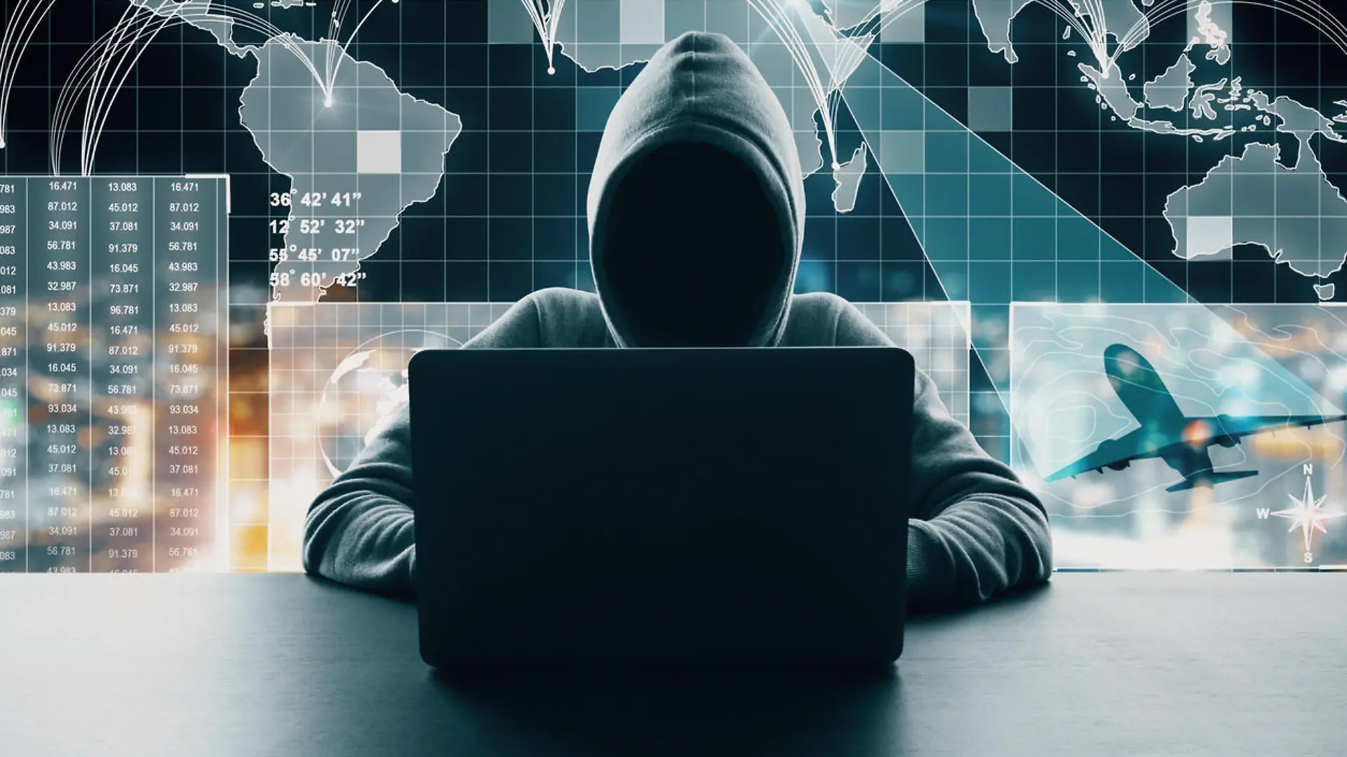 Hacker at desktop using laptop with abstract digital map interface on blurry background. Global network and travel concept. Multiexposure