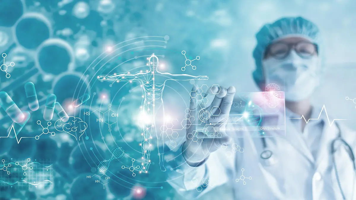 Medicine doctor holding hologram virtual interface electronic medical record. DNA. Analysis digital healthcare on network connection medical technology, Innovative and futuristic.