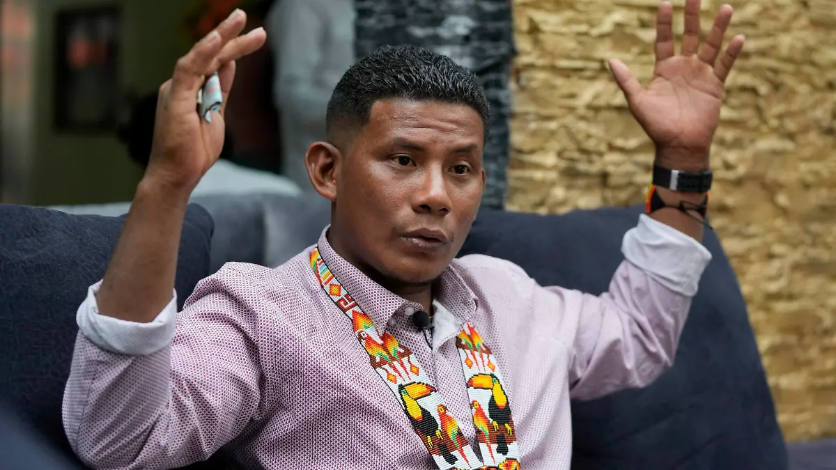 Manuel Ranoque, the father of two of the youngest Indigenous children who survived an Amazon plane crash, gives an interview in Bogota, Colombia, Wednesday, June 14, 2023. Ranoque's children, along with two other children, braved the jungle for 40 days before being found alive. (AP Photo/Fernando Vergara)