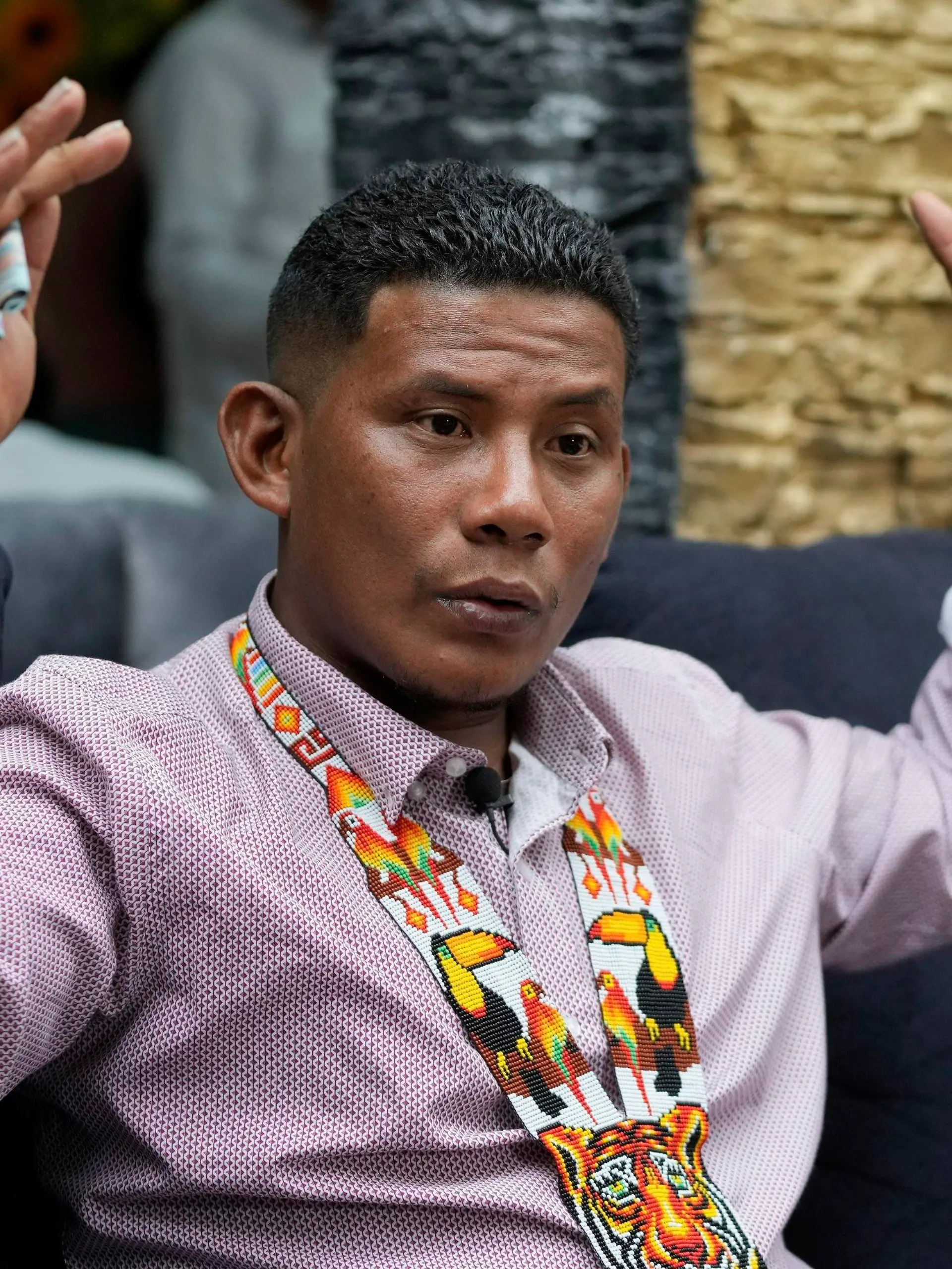 Manuel Ranoque, the father of two of the youngest Indigenous children who survived an Amazon plane crash, gives an interview in Bogota, Colombia, Wednesday, June 14, 2023. Ranoque's children, along with two other children, braved the jungle for 40 days before being found alive. (AP Photo/Fernando Vergara)
