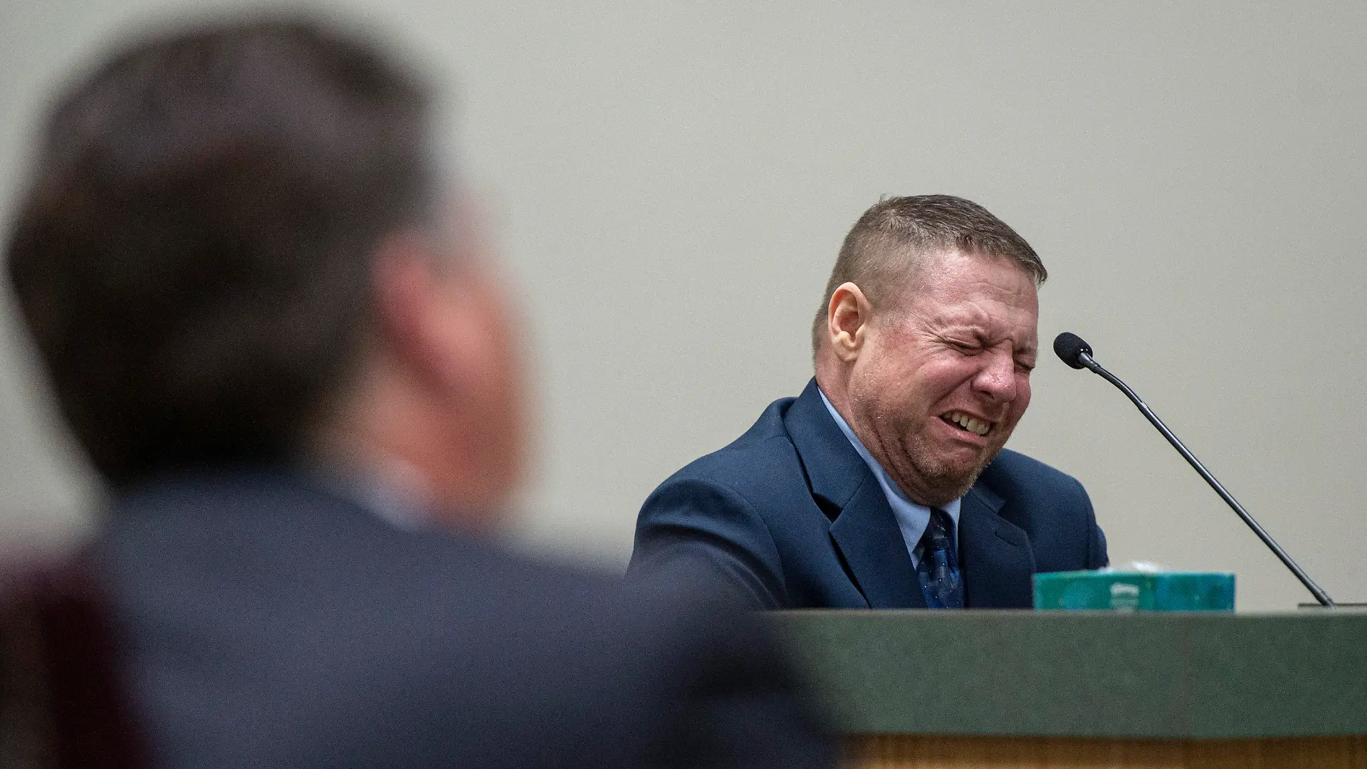 Jacob Blair Scott, who is accused of sexually assaulting a minor, cries out while on the witness stand after testifying about his family relationships after being asked an unrelated question during his trial in Jackson County Circuit Court in Pascagoula, Miss., on Wednesday, June 1, 2022. Scott, a military veteran who once faked his own death to try to avoid criminal charges, was convicted Thursday, June 2, 2022, of sexually assaulting a girl and impregnating her when he was 40 and she was 14.
(Hannah Ruhoff/The Sun Herald via AP)