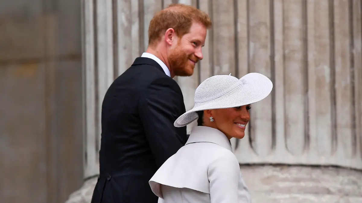 Prince Harry and Meghan, Duchess of Sussex arrive for a service of thanksgiving for the reign of Queen Elizabeth II at St Paul’s Cathedral in London Friday June 3, 2022 on the second of four days of celebrations to mark the Platinum Jubilee. The events over a long holiday weekend in the U.K. are meant to celebrate the monarch’s 70 years of service. (Toby Melville, Pool Photo via AP)