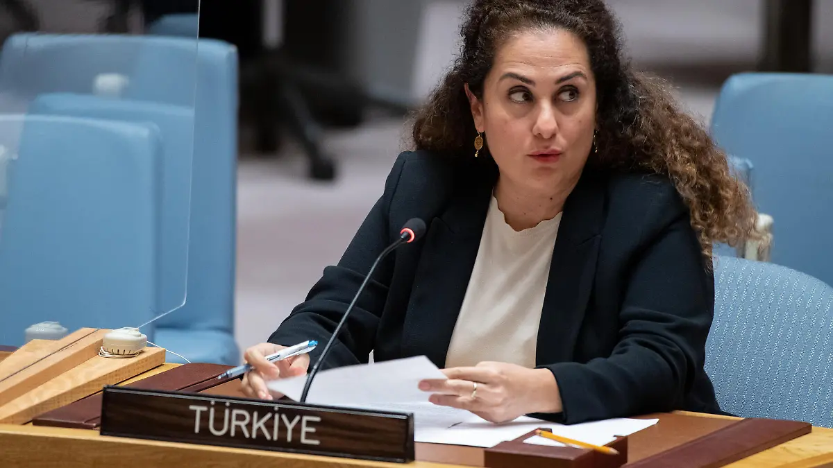 NEW YORK, USA - JUNE 2: (----EDITORIAL USE ONLY Äì MANDATORY CREDIT - "UNITED NATIONS PHOTO / POOL" - NO MARKETING NO ADVERTISING CAMPAIGNS - DISTRIBUTED AS A SERVICE TO CLIENTS----) Turkish diplomat Ayse Inanc attends a session of United Nations security council at UN Headquarters in New York, United States on June 2, 2022. The name of the country was used as "Turkiye" for the first time in the session attended by Turkish diplomat Ayse Inanc. The country name "Turkiye" is replacing "Turkey" at the UN, following a request by Ankara to be referred to as such, the international body announced on Wednesday. The new brand "Turkiye" is now in place in foreign languages. UN Photo / Anadolu Agency
