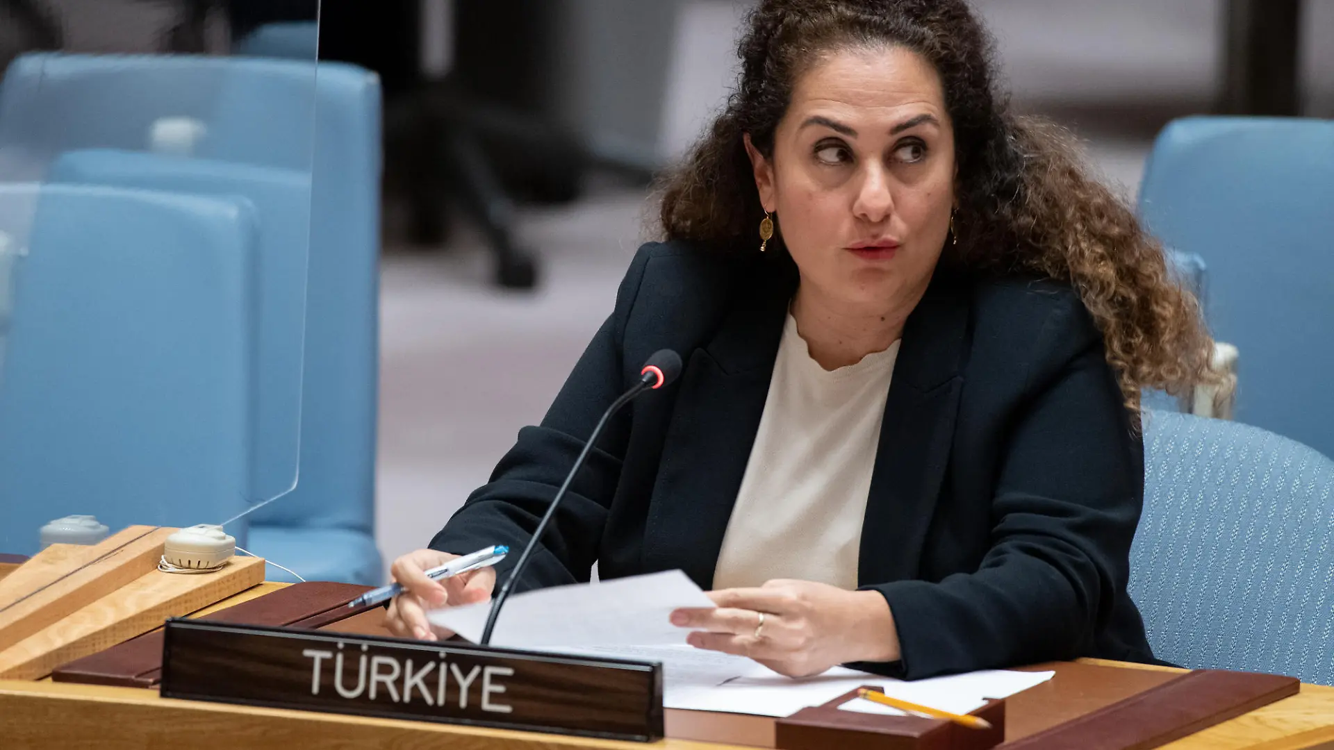 NEW YORK, USA - JUNE 2: (----EDITORIAL USE ONLY Äì MANDATORY CREDIT - "UNITED NATIONS PHOTO / POOL" - NO MARKETING NO ADVERTISING CAMPAIGNS - DISTRIBUTED AS A SERVICE TO CLIENTS----) Turkish diplomat Ayse Inanc attends a session of United Nations security council at UN Headquarters in New York, United States on June 2, 2022. The name of the country was used as "Turkiye" for the first time in the session attended by Turkish diplomat Ayse Inanc. The country name "Turkiye" is replacing "Turkey" at the UN, following a request by Ankara to be referred to as such, the international body announced on Wednesday. The new brand "Turkiye" is now in place in foreign languages. UN Photo / Anadolu Agency