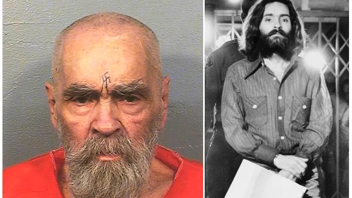 FILE - This combination of file photos shows Charles Manson on Aug. 14, 2017, left, in a photo provided by the California Department of Corrections and Rehabilitation, and on Dec. 22, 1969, right, leaving a Los Angeles courtroom. Leslie Van Houten, one of Manson's followers, was released from prison on parole on July 11, 2023. (California Department of Corrections and Rehabilitation, left, and Wally Fong, right, via AP, File)