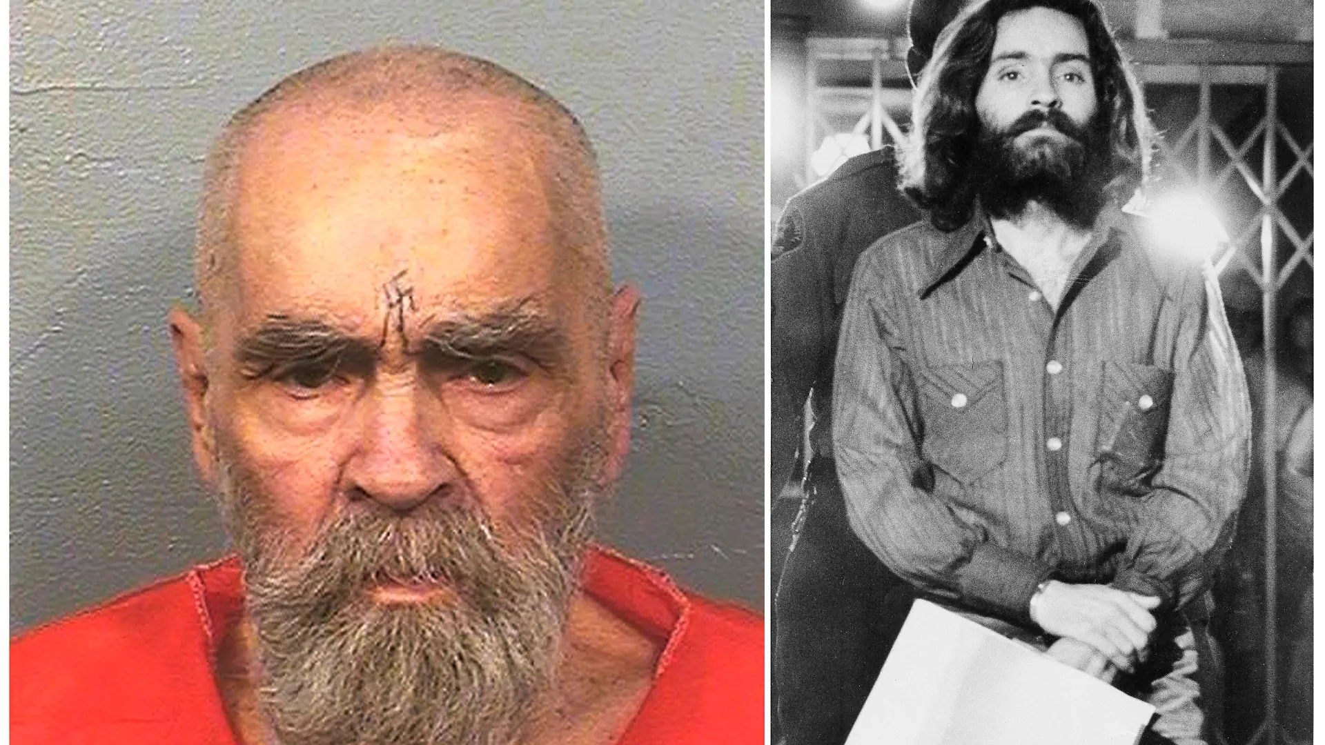 FILE - This combination of file photos shows Charles Manson on Aug. 14, 2017, left, in a photo provided by the California Department of Corrections and Rehabilitation, and on Dec. 22, 1969, right, leaving a Los Angeles courtroom. Leslie Van Houten, one of Manson's followers, was released from prison on parole on July 11, 2023. (California Department of Corrections and Rehabilitation, left, and Wally Fong, right, via AP, File)