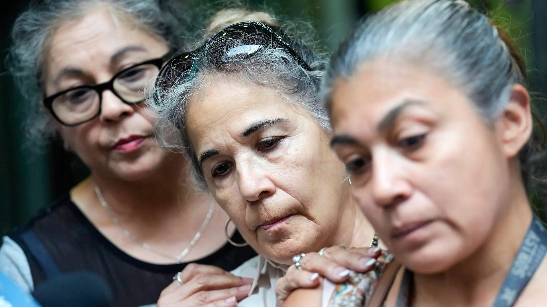 Rudy Farias' aunts, from left, Sylvia Sanchez Lopez, Pauline Sanchez and Michelle Sanchez speak outside Houston Police headquarters after HPD Chief Troy Finner gave an update on the Farias case, Thursday, July 6, 2023 in Houston. Farias, who was reported missing as a teenager in 2015, returned home the next day but he and his mother deceived officers by giving false names over the ensuing eight years, police said Thursday. (Brett Coomer/Houston Chronicle via AP)