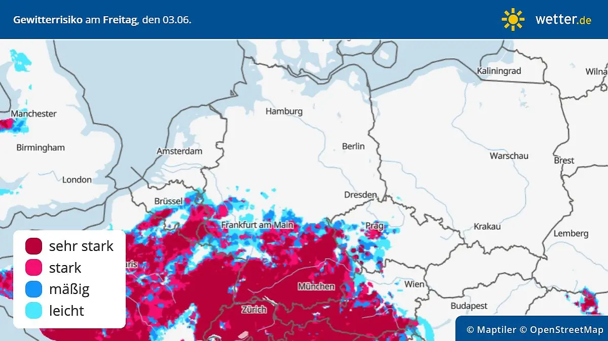 Die Grafik zeigt das Gewitterrisiko für Freitag, 03.06.2022