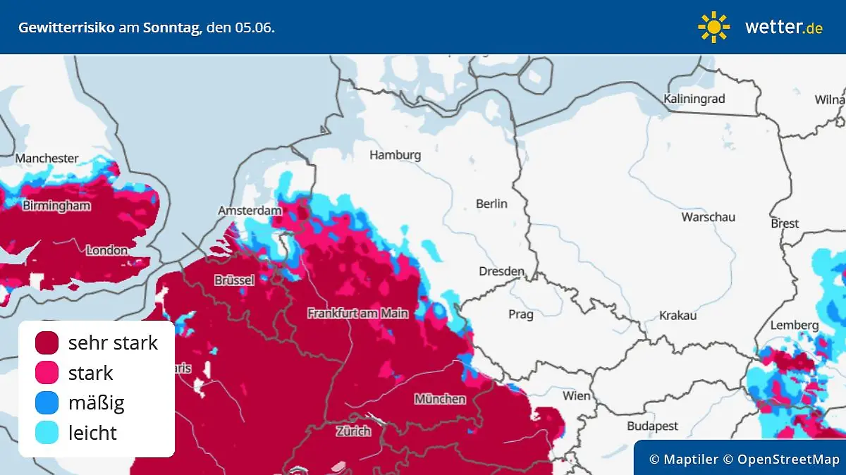Die Grafik zeigt das Gewitterrisiko für Sonntag, 05.06.2022