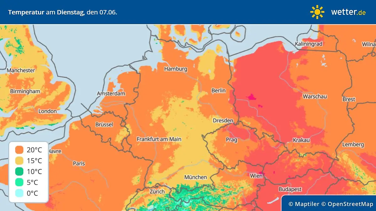 Die Grafik zeigt die Höchstwerte für Dienstag, 07.06.2022