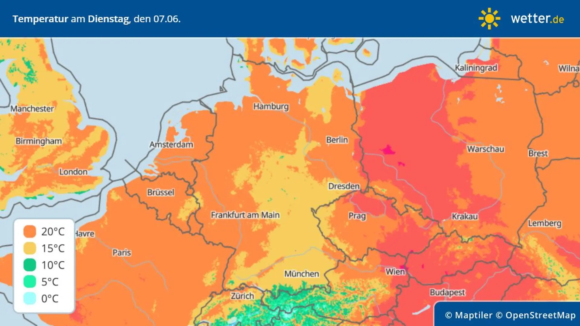 Die Grafik zeigt die Höchstwerte für Dienstag, 07.06.2022