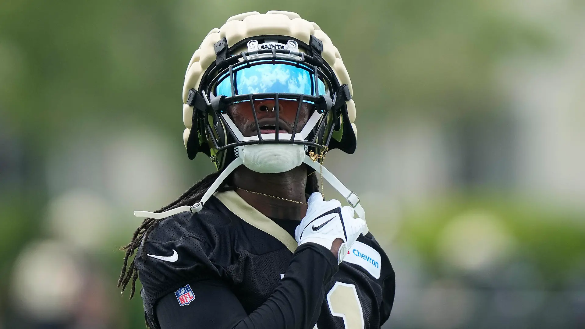 New Orleans Saints running back Alvin Kamara (41) runs through drills at the team's NFL football minicamp in Metairie, La., Thursday, June 15, 2023. (AP Photo/Gerald Herbert)