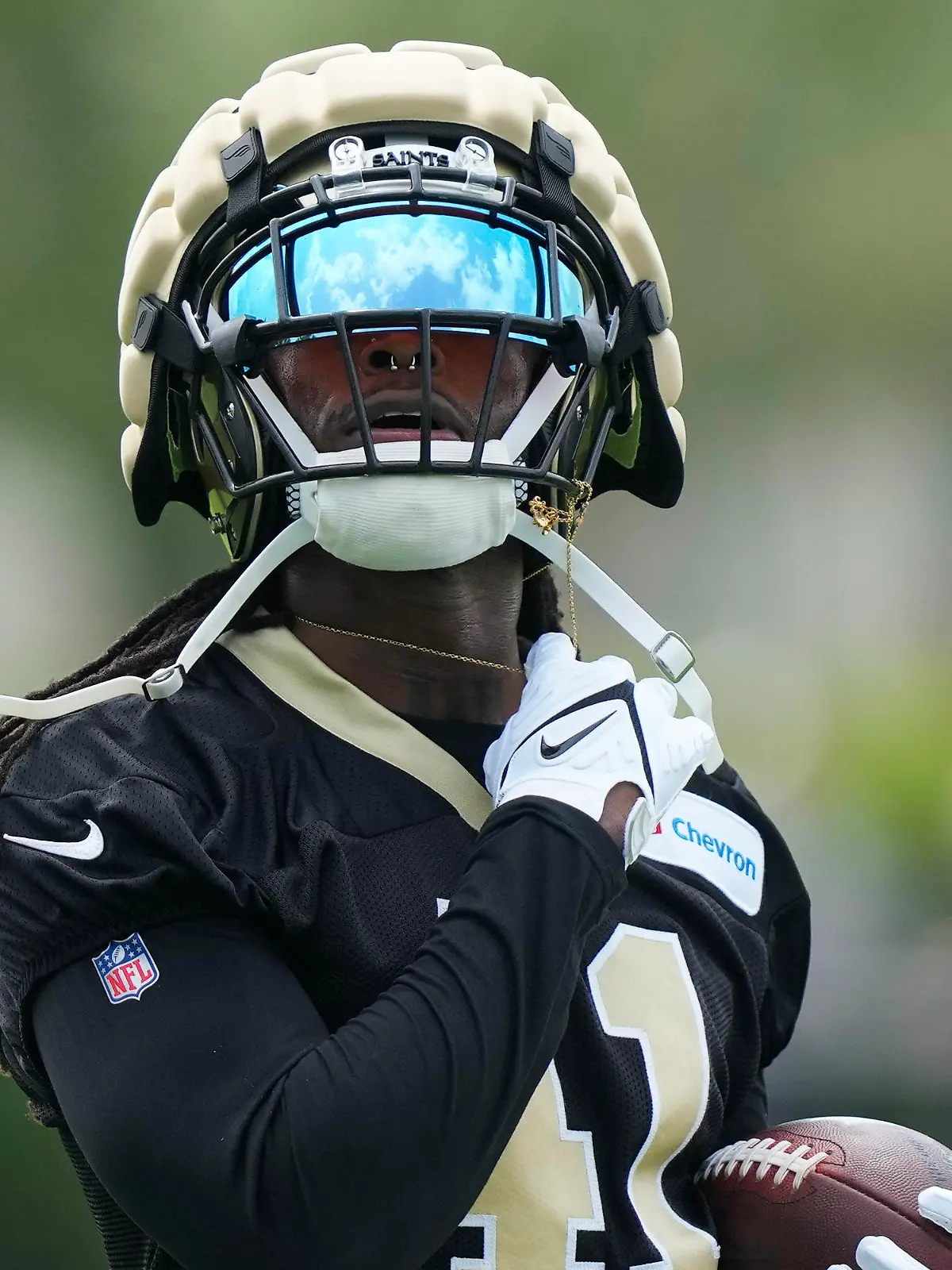New Orleans Saints running back Alvin Kamara (41) runs through drills at the team's NFL football minicamp in Metairie, La., Thursday, June 15, 2023. (AP Photo/Gerald Herbert)