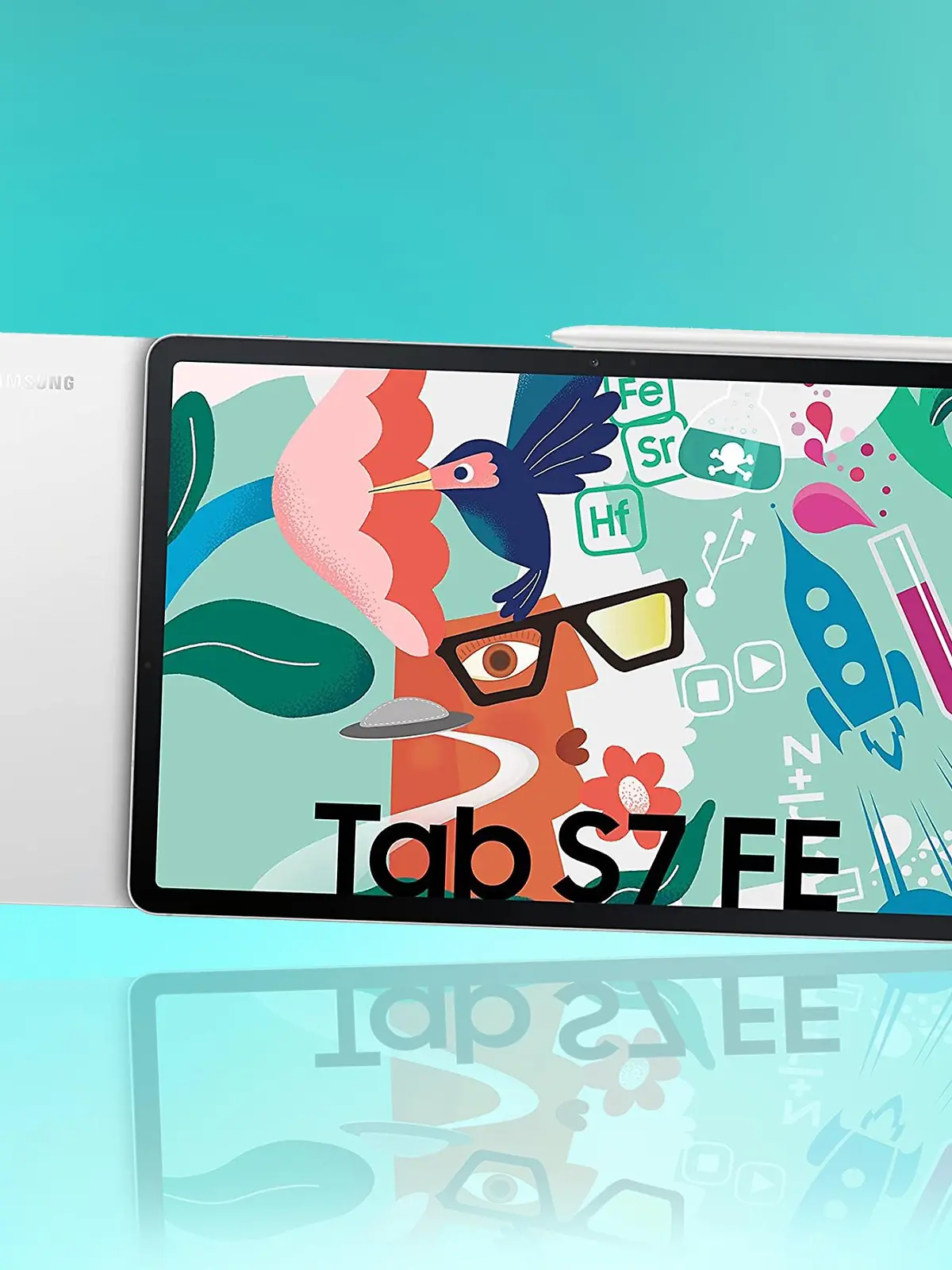 Samsung Galaxy Tab S7 FE auf blauem Hintergrund.