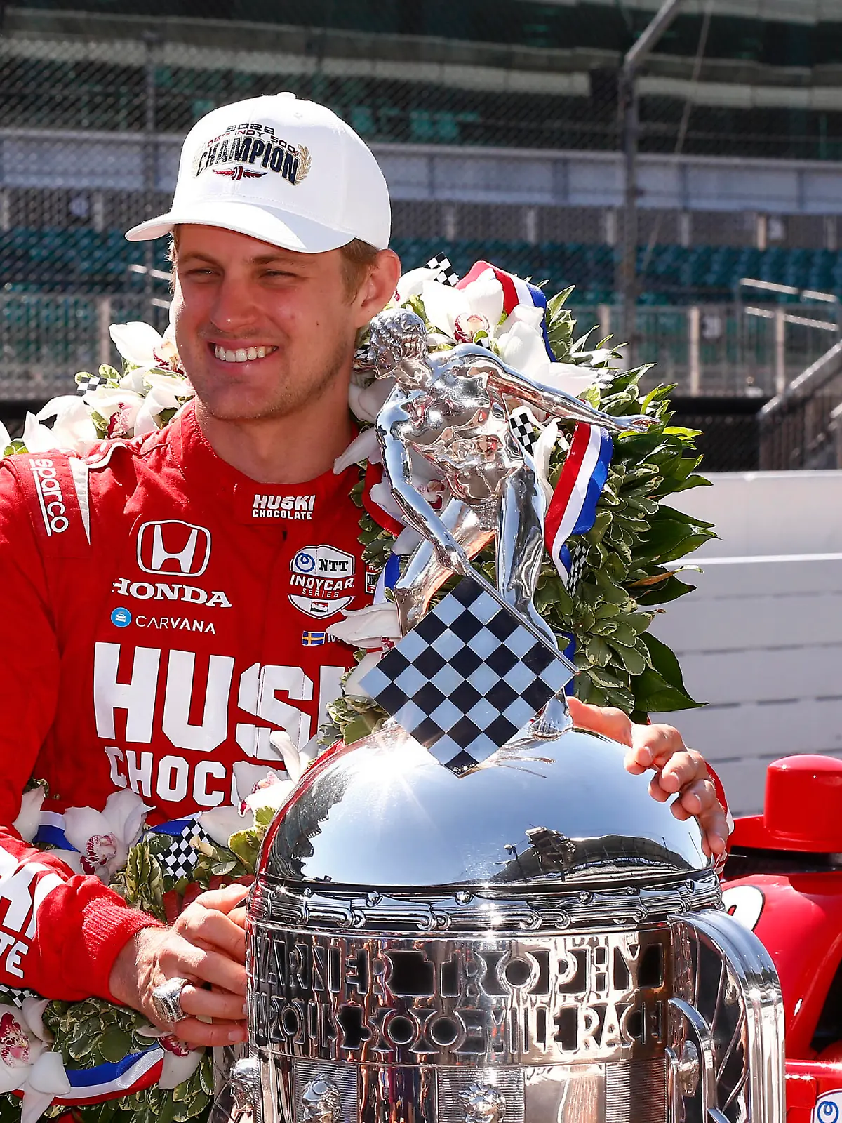 INDIANAPOLIS, IN - MAY 30: Marcus Ericsson 8 Chip Ganassi Racing Honda poses with the Borg-Warner Trophy during the winners photo shoot for the 106th running of the NTT IndyCar, Indy Car, IRL, USA Series Indianapolis 500 on May 30, 2022, at the Indianapolis Motor Speedway in Indianapolis, Indiana. Photo by Jeffrey Brown/Icon Sportswire AUTO: MAY 30 IndyCar - The 106th Indianapolis 500 Marcus Ericsson Icon05302022027500 