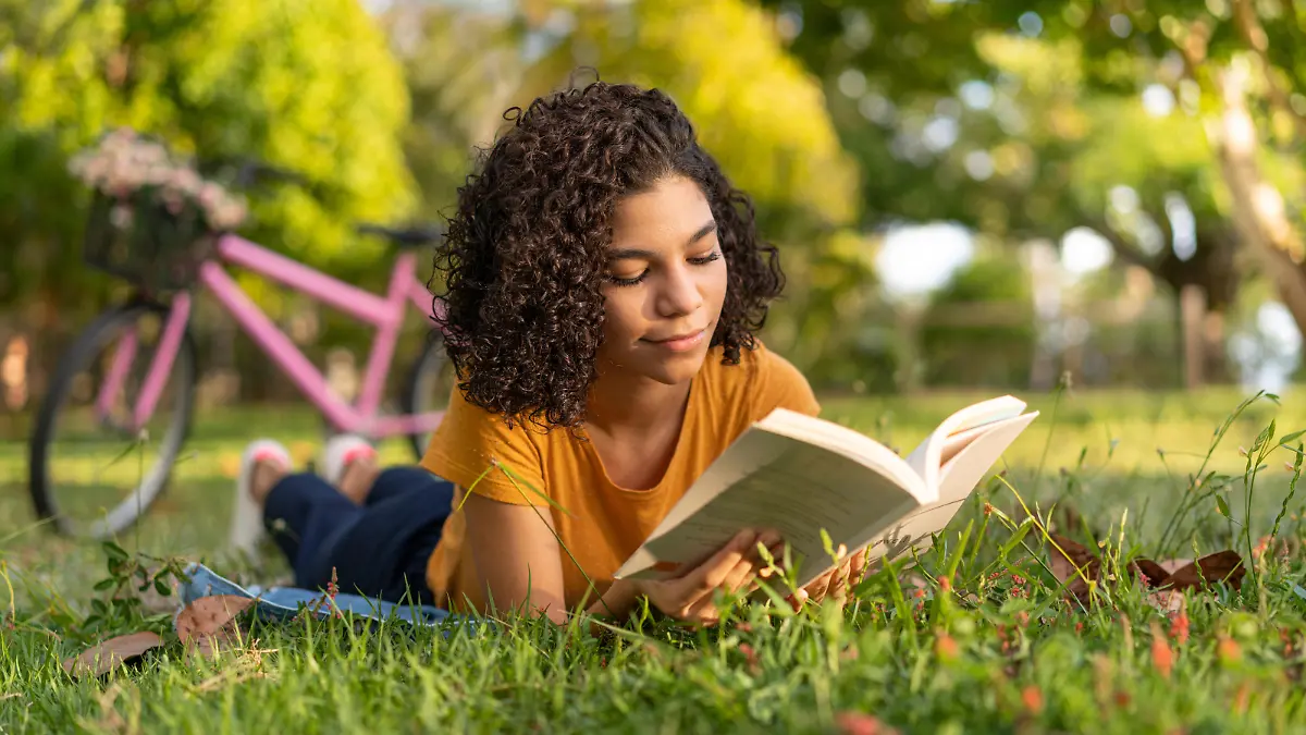 Girl, Book, Bicycle, Lying, Outdoors