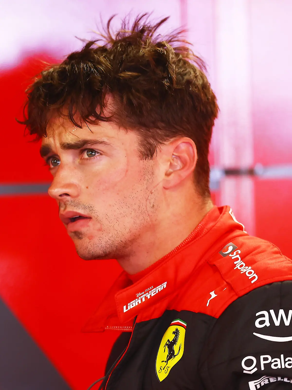 MONTE-CARLO, MONACO - MAY 28: Charles Leclerc of Monaco and Ferrari looks on in the garage during final practice ahead of the F1 Grand Prix of Monaco at Circuit de Monaco on May 28, 2022 in Monte-Carlo, Monaco. (Photo by Eric Alonso/Getty Images)