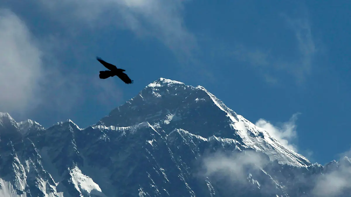 ARCHIV - 27.05.2019, Nepal, Solukhumbhu: Dieses Bild vom 27. Mai 2019 zeigt einen Vogel, der vor dem Mount Everest vorbeifliegt. Ein Hubschrauber mit sechs Menschen an Bord ist im Himalaya abgestürzt. Die Leichen der fünf mexikanischen Touristen und ihres nepalesischen Piloten seien in dem Wrack nach dem Absturz in der Nähe des welthöchsten Bergs Mount Everest gefunden worden, sagte ein Polizeisprecher der Deutschen Presse-Agentur. Foto: Niranjan Shrestha/AP/dpa +++ dpa-Bildfunk +++