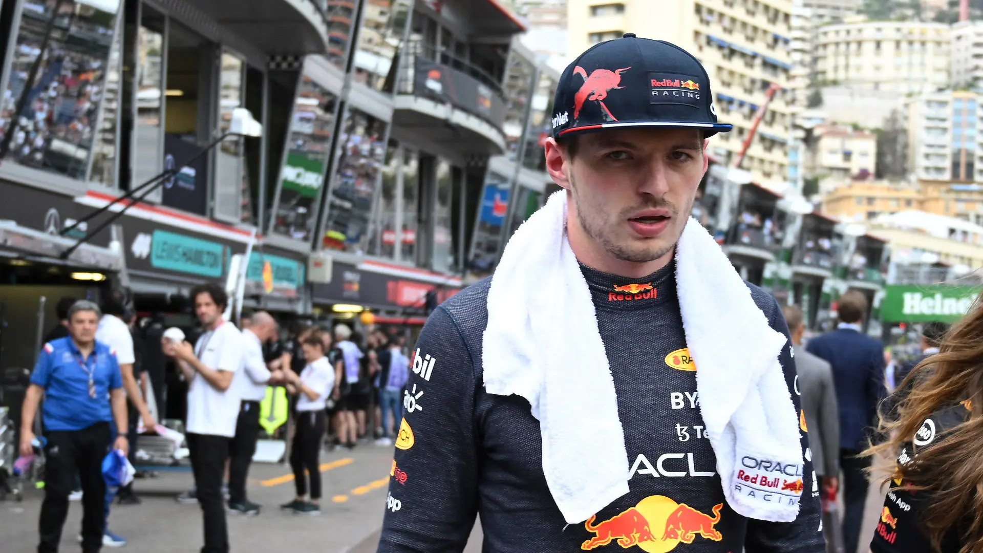 Red Bull driver Max Verstappen of the Netherlands walks at pit lane after the qualifying session at the Monaco racetrack, in Monaco, Saturday, May 28, 2022. The Formula one race will be held on Sunday. (Pool Photo/Christian Bruna/Via AP)