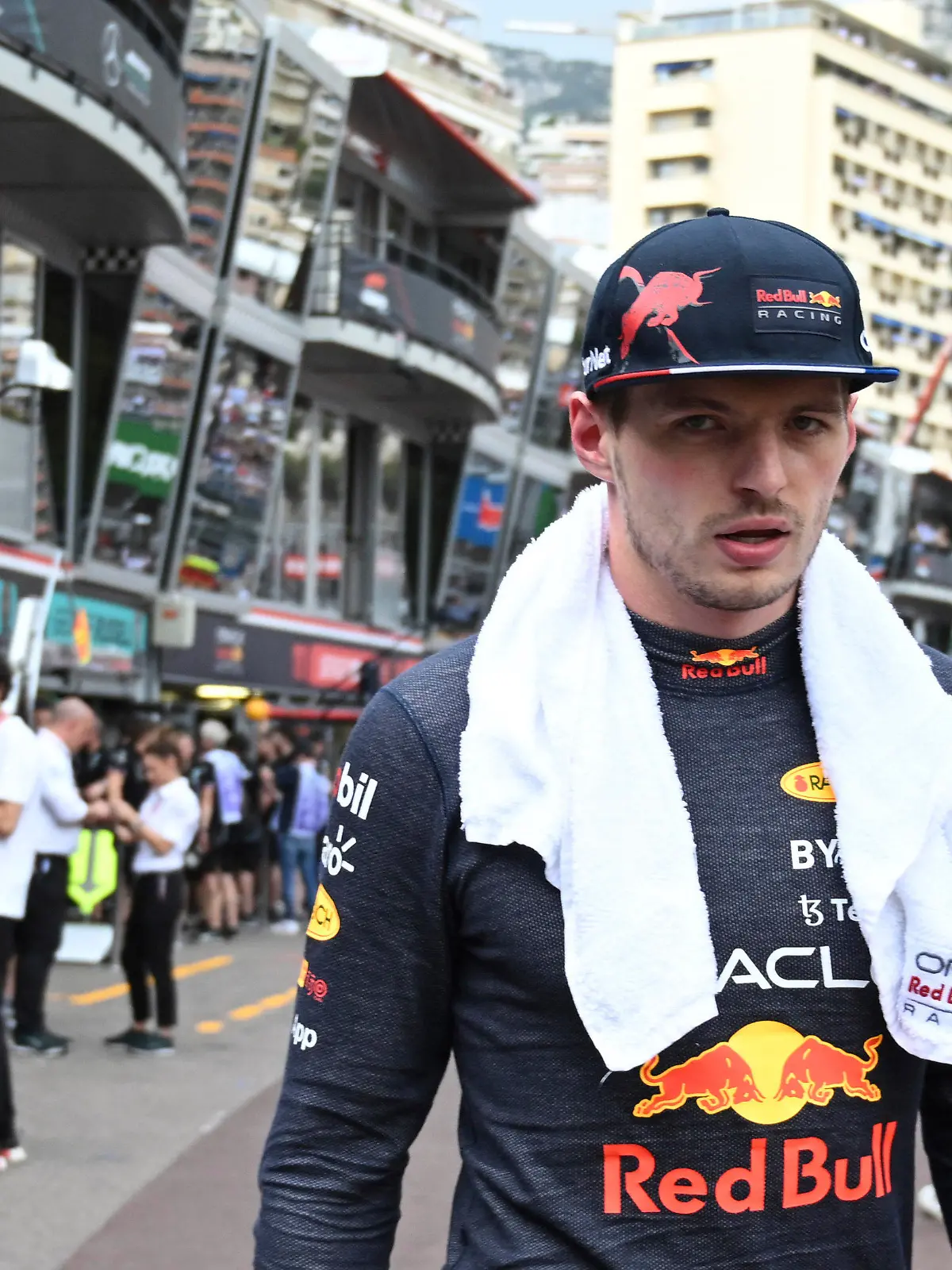 Red Bull driver Max Verstappen of the Netherlands walks at pit lane after the qualifying session at the Monaco racetrack, in Monaco, Saturday, May 28, 2022. The Formula one race will be held on Sunday. (Pool Photo/Christian Bruna/Via AP)