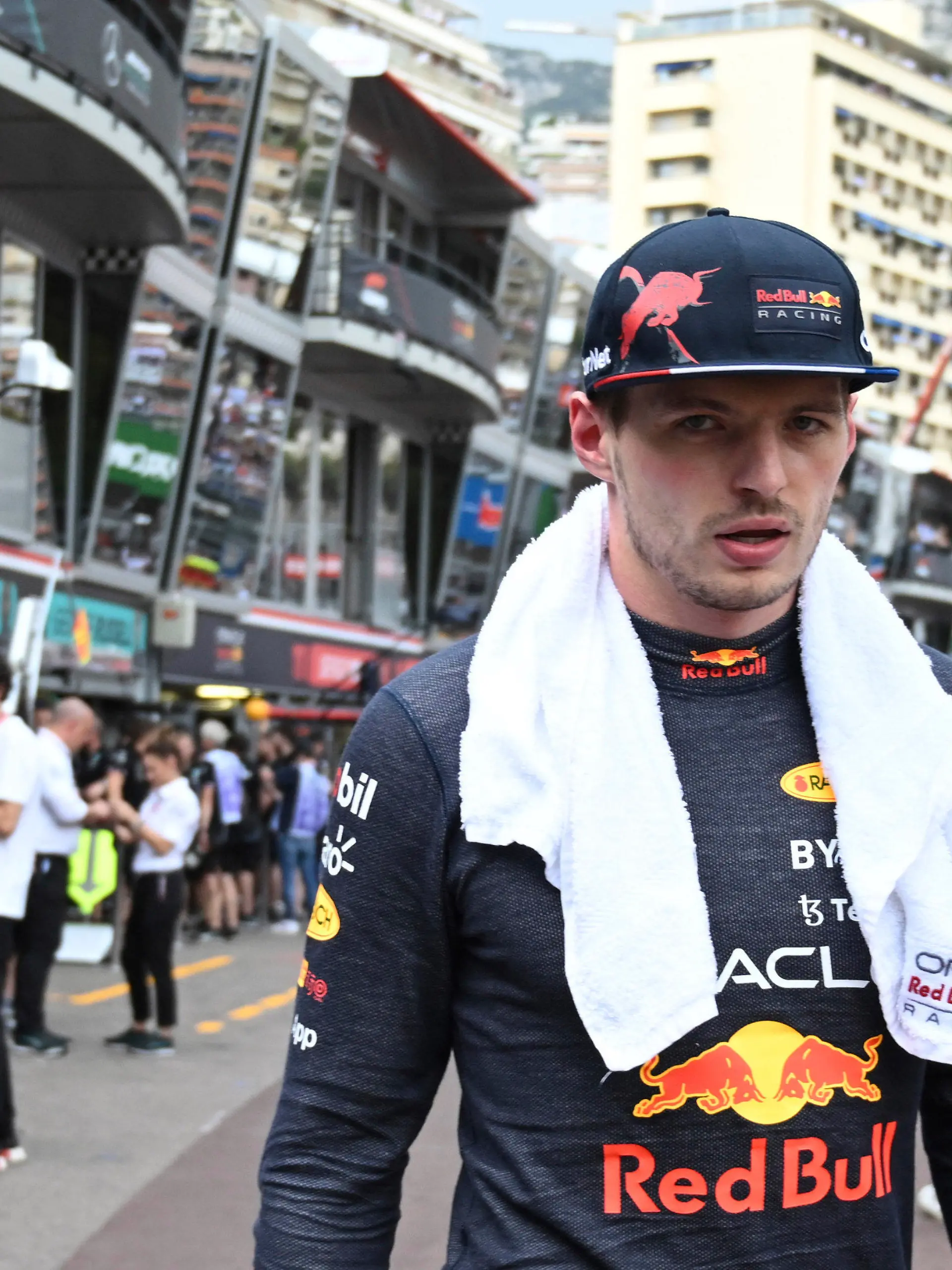 Red Bull driver Max Verstappen of the Netherlands walks at pit lane after the qualifying session at the Monaco racetrack, in Monaco, Saturday, May 28, 2022. The Formula one race will be held on Sunday. (Pool Photo/Christian Bruna/Via AP)