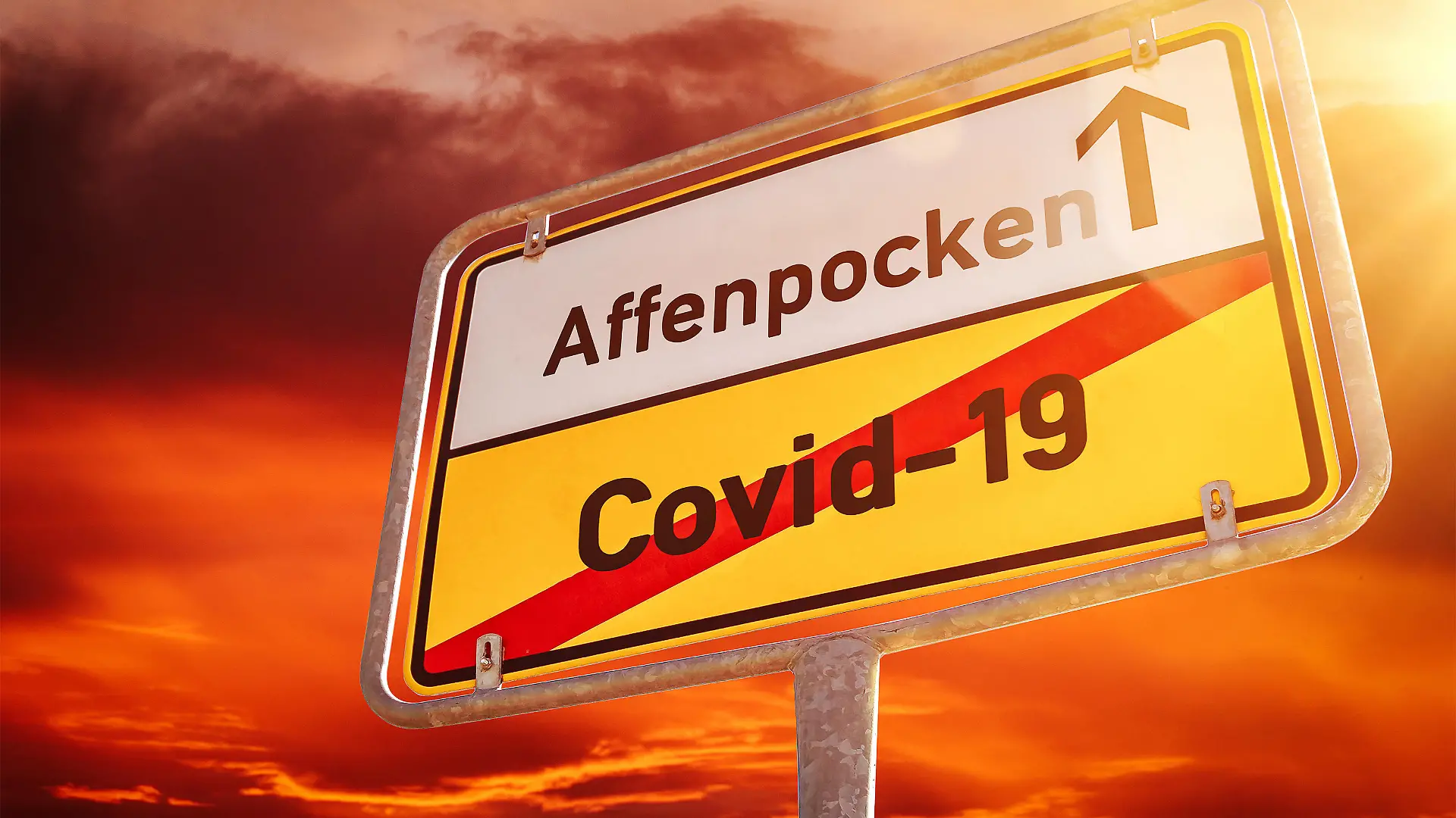 Schild mit der Aufschrift Covid 19 Corona Virus durchgestrichen, Affenpocken kommen, Symbolbild Affen Pocken FOTOMONTAGE