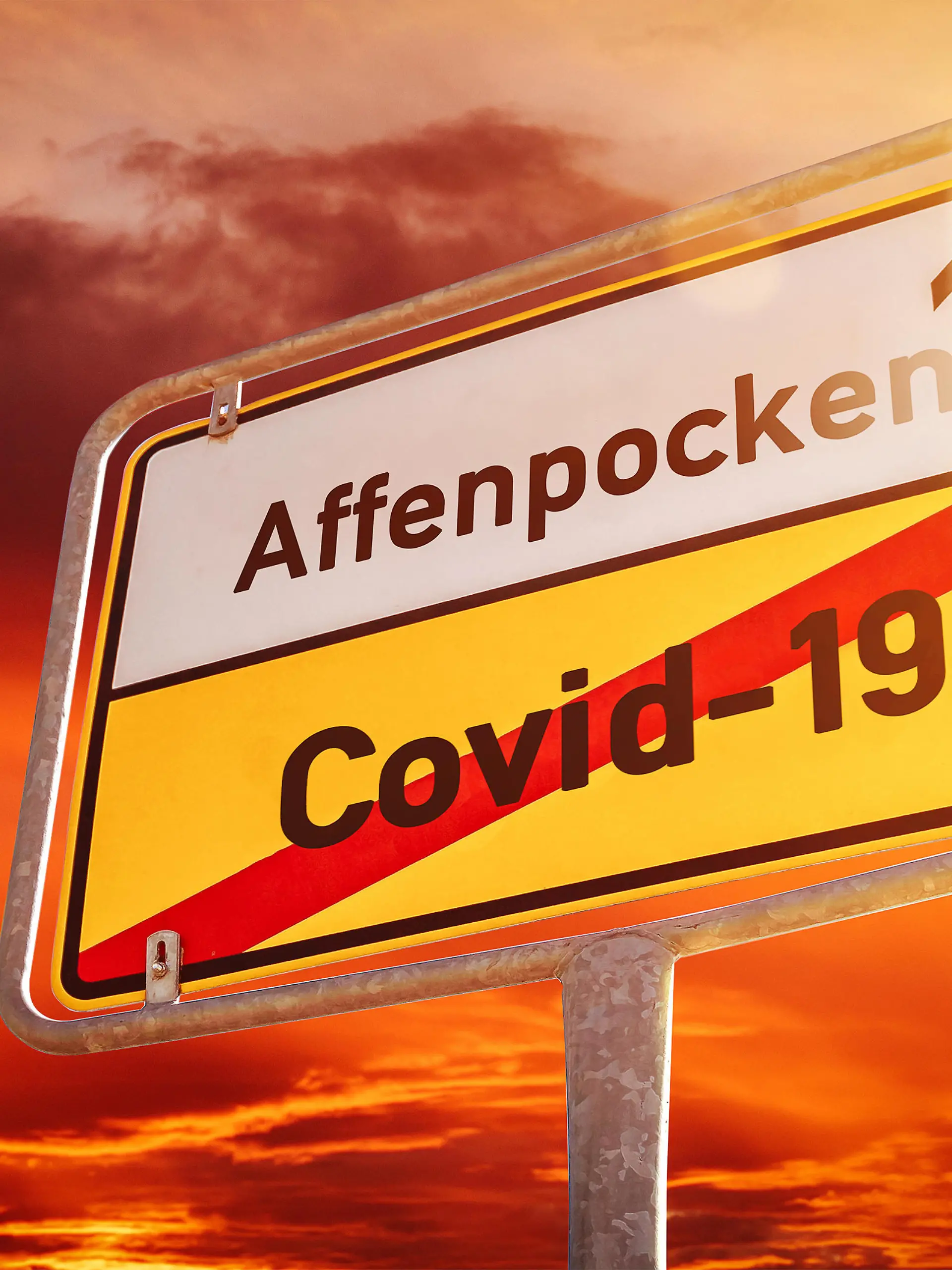 Schild mit der Aufschrift Covid 19 Corona Virus durchgestrichen, Affenpocken kommen, Symbolbild Affen Pocken FOTOMONTAGE