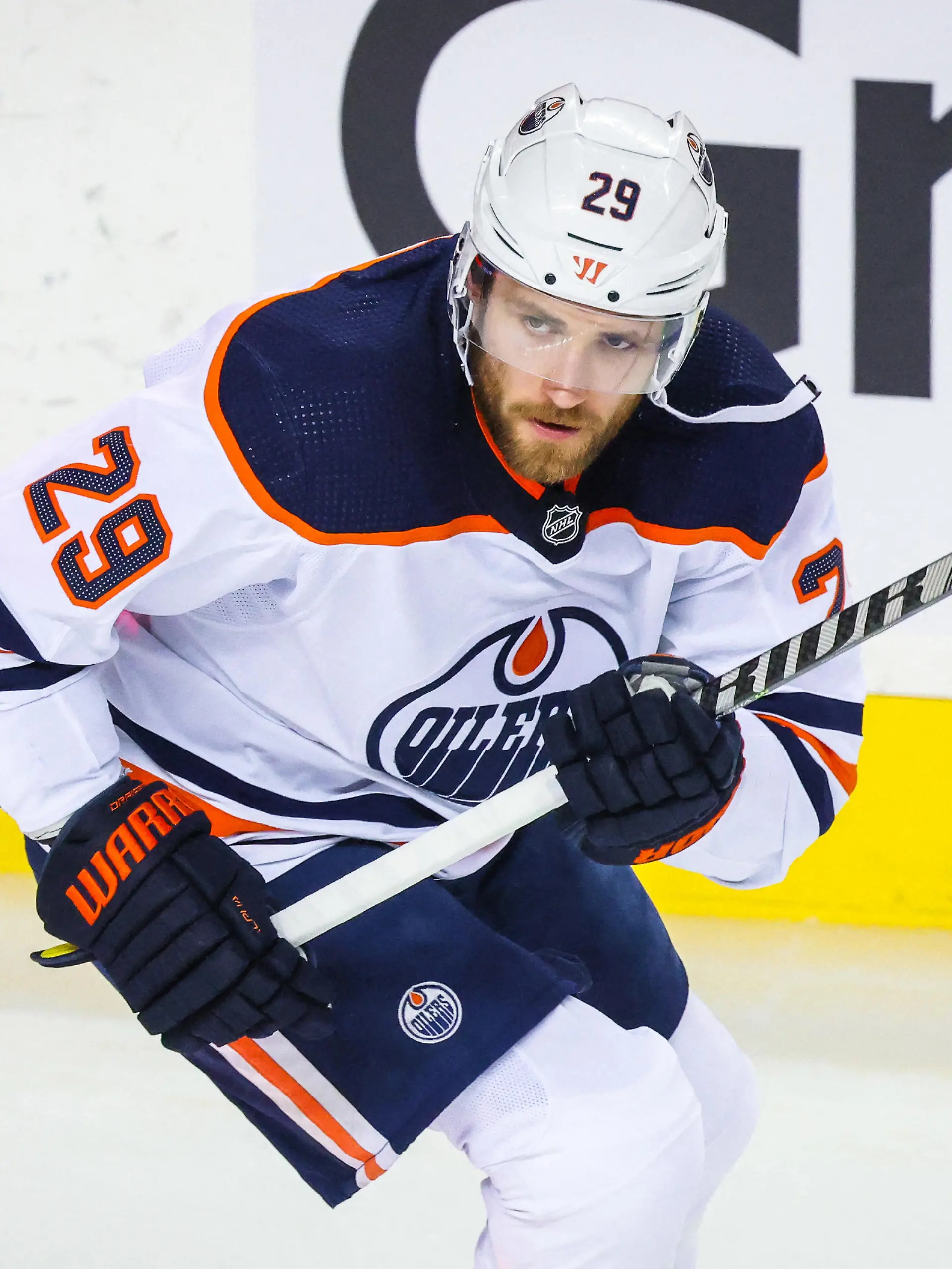 May 26, 2022; Calgary, Alberta, CAN; Edmonton Oilers center Leon Draisaitl (29) skates during the warmup period against the Calgary Flames in game five of the second round of the 2022 Stanley Cup Playoffs at Scotiabank Saddledome. Mandatory Credit: Sergei Belski-USA TODAY Sports