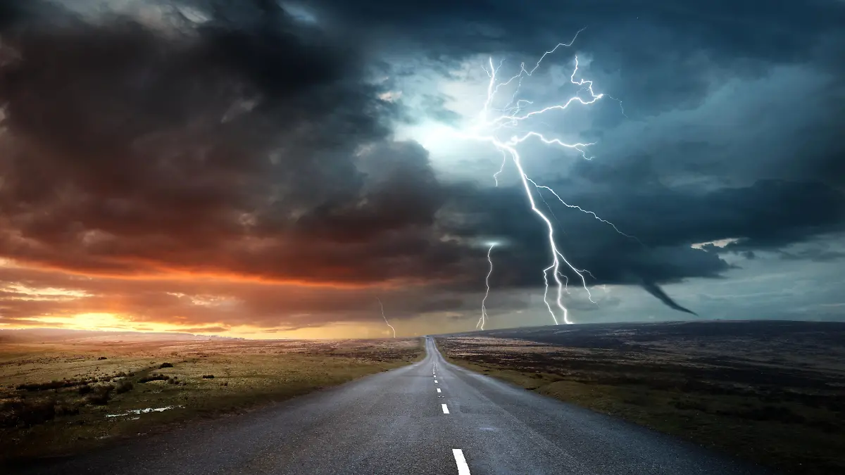 Weather forecasting and extreme conditions. A powerful storm forming late in the afternoon. Climate change photo composite.