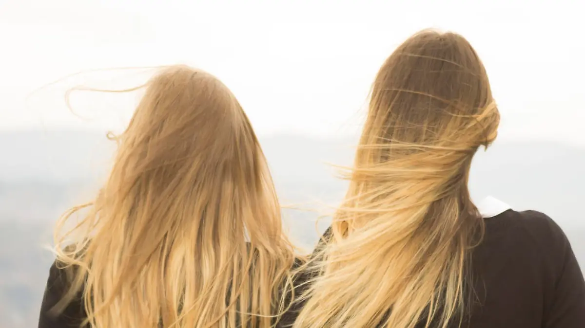 Two identical teenage girlfriends, shot from back. Rear view