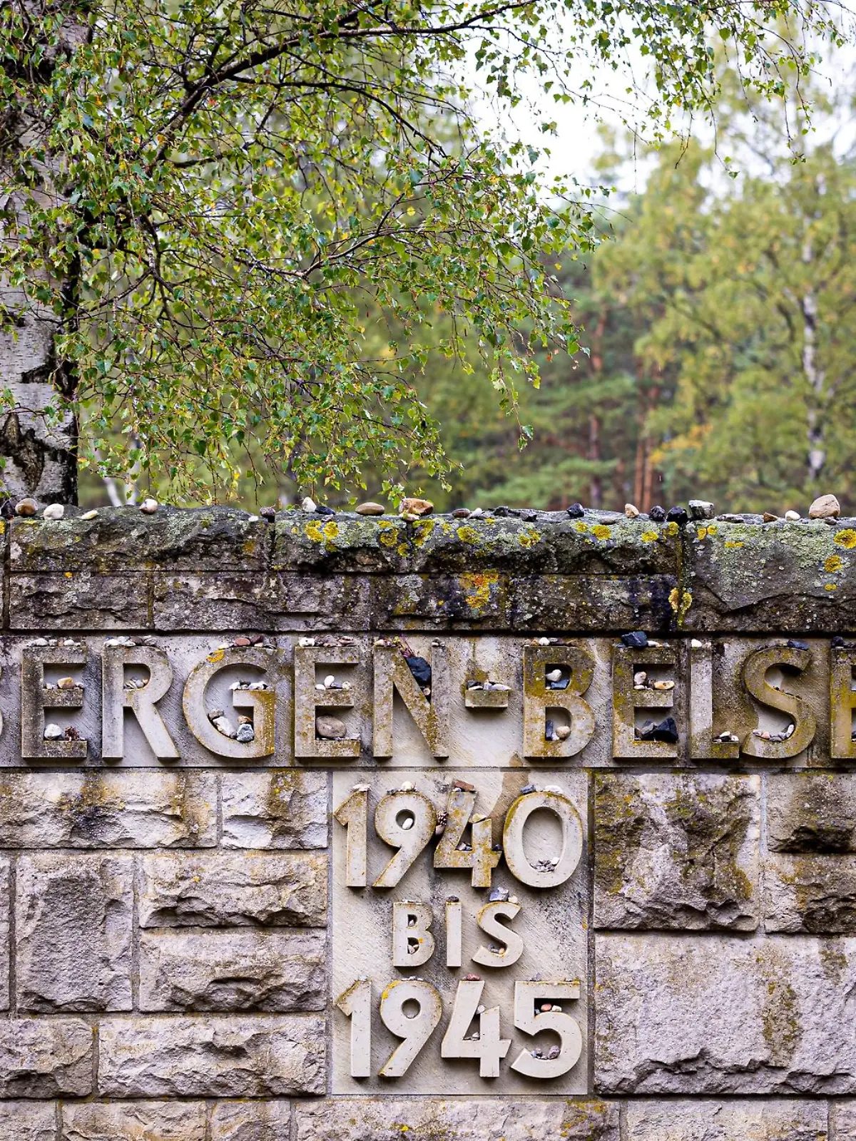 Der Schriftzug «Bergen-Belsen, 1940 bis 1945» steht auf einer Steinwand auf dem Gelände der Gedenkstätte Bergen-Belsen im Landkreis Celle.