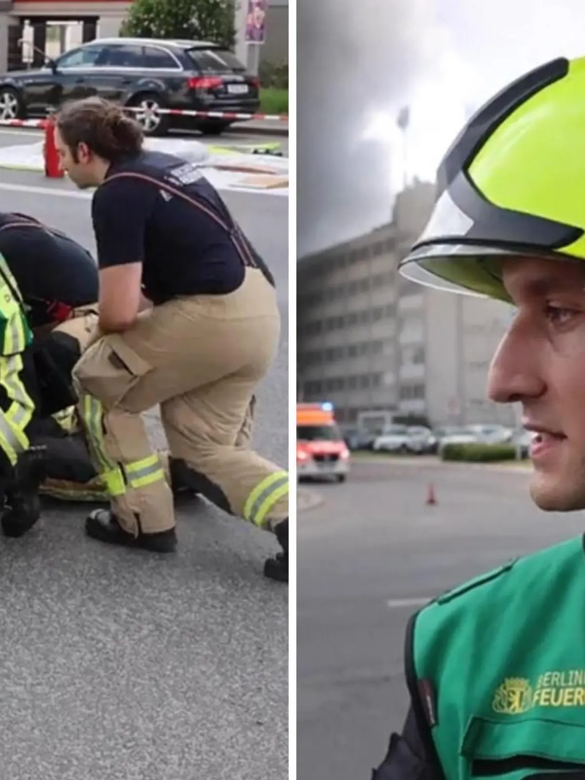Als der Pressesprecher der Feuerwehr Berlin den Medien Frage und Antwort steht - bricht neben ihm plötzlich sein Kamerad zusammen.