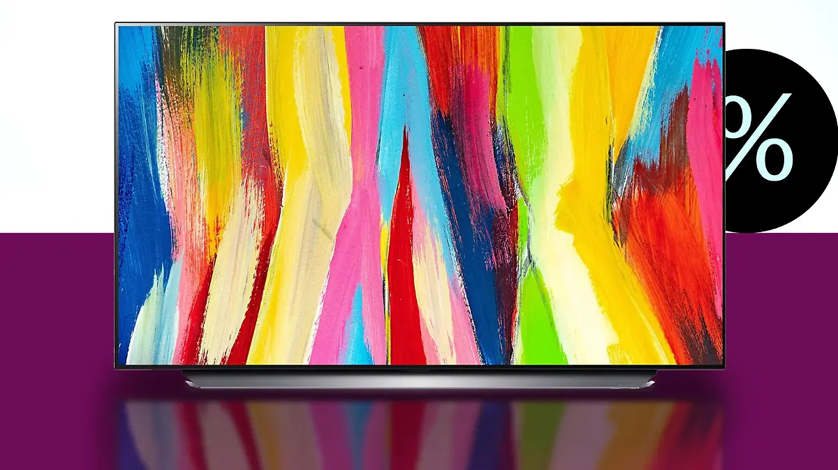 LG-Smart-TV auf lila-weißem Hintergrund.
