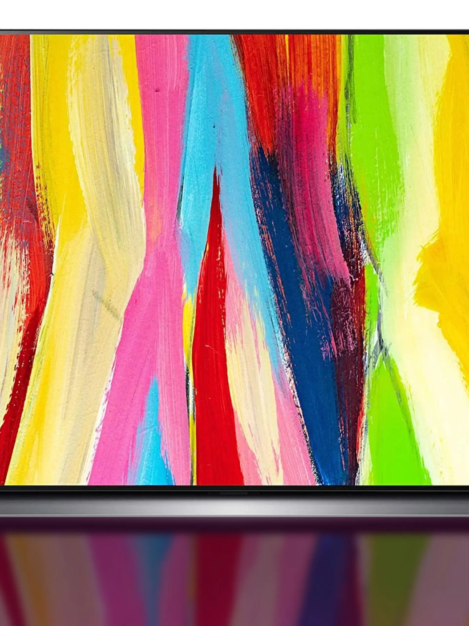 LG-Smart-TV auf lila-weißem Hintergrund.