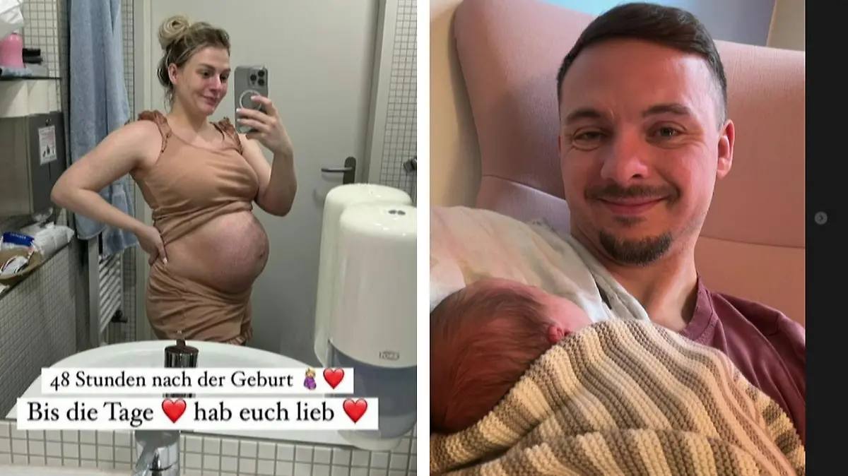 HealthyMandy zeigt, wie ihr Bauch kurz nach der Geburt aussieht. FitnessOskar genießt derweil die Nähe seines Sohnes.