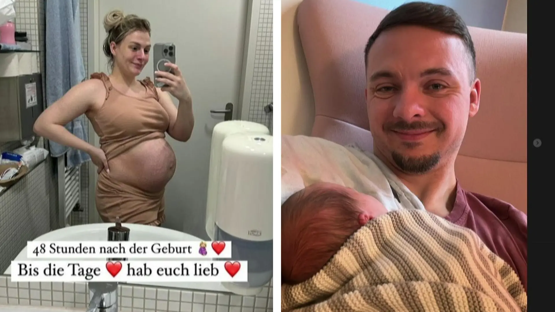 HealthyMandy zeigt, wie ihr Bauch kurz nach der Geburt aussieht. FitnessOskar genießt derweil die Nähe seines Sohnes.