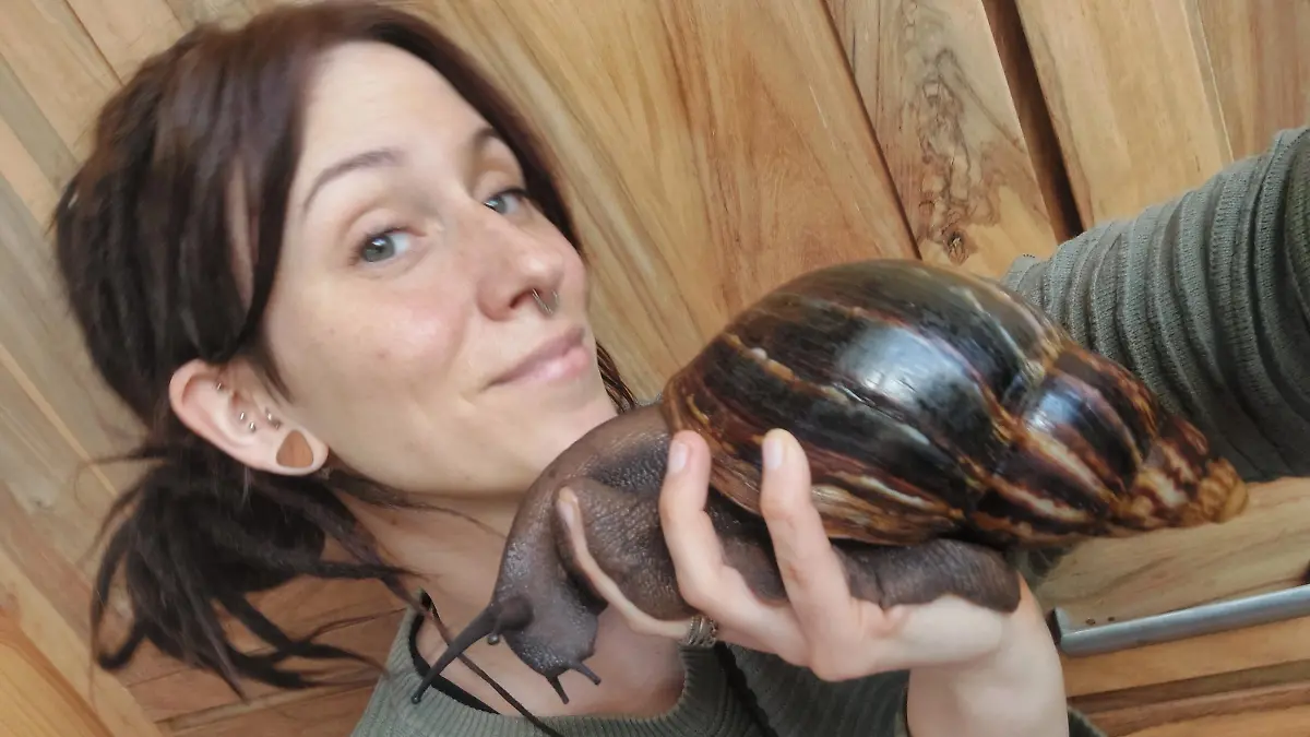Daniela Wenschauer (33) mit ihrer größten Schnecke Bert,