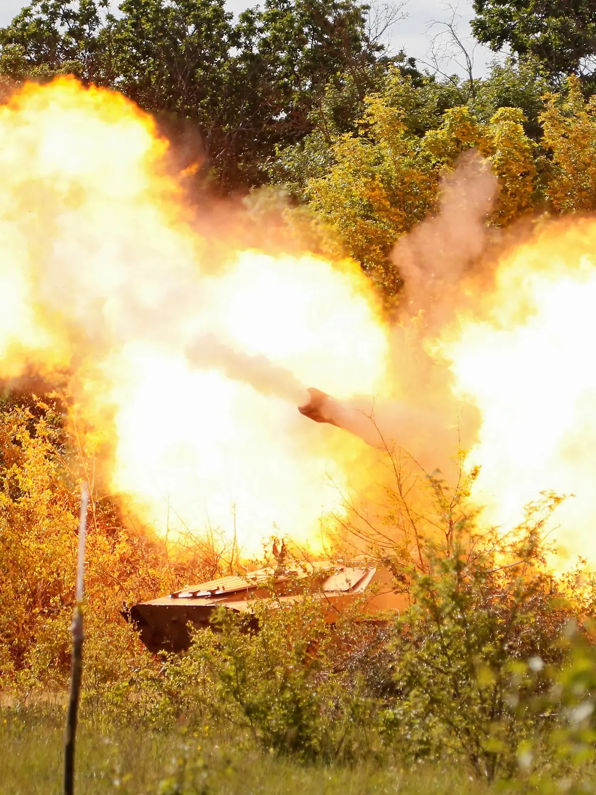 A self-propelled howitzer 2S1 Gvozdika of pro-Russian troops fires a leaflet shell in the direction of Sievierodonetsk to disperse information materials from their combat positions in the Luhansk region, Ukraine May 24, 2022. REUTERS/Alexander Ermochenko