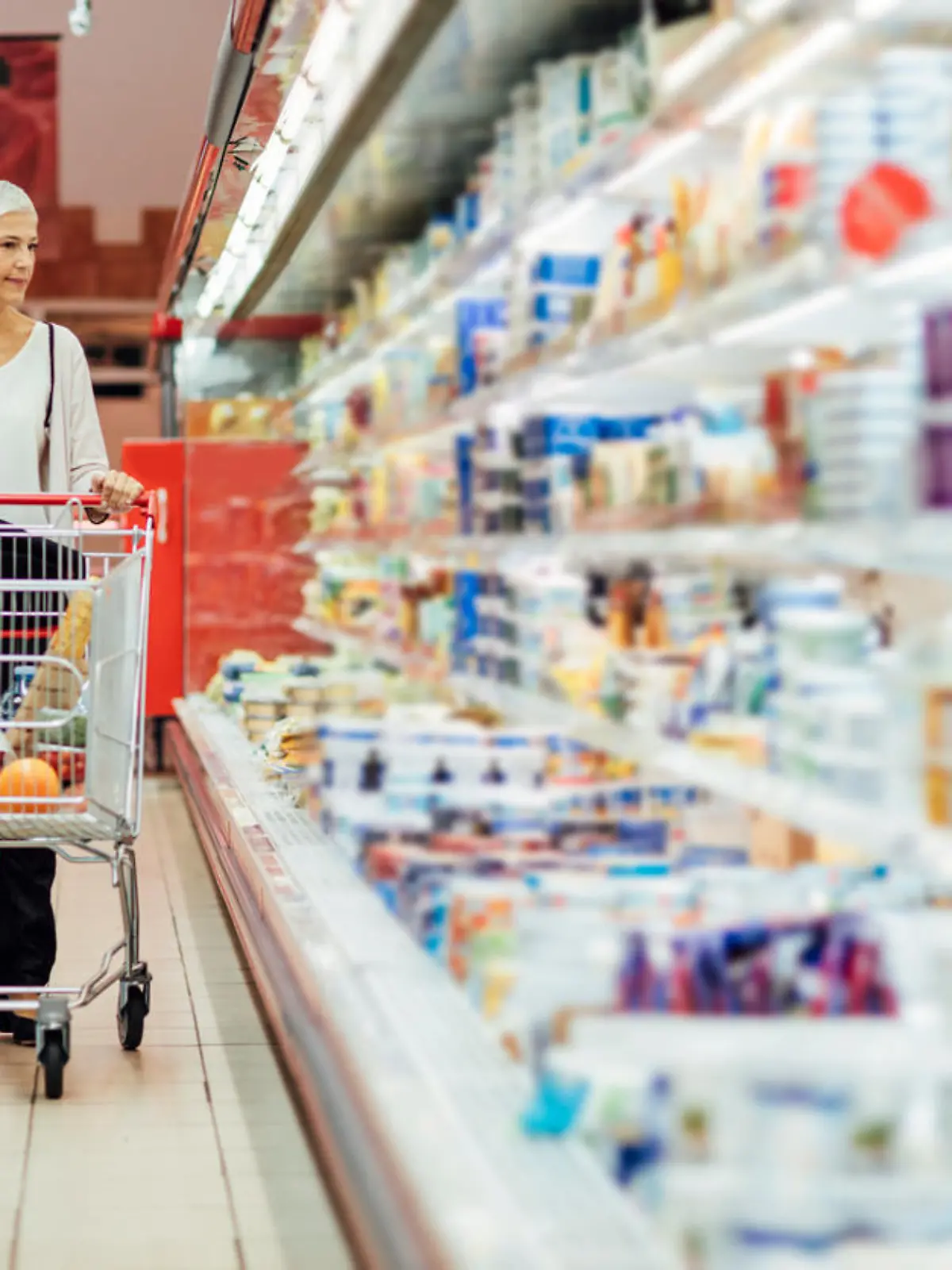 Mature smiling woman shopping in local supermarket. She is shopping groceries. Walking by refrigerator with dairy product and pushing shopping trolley.
