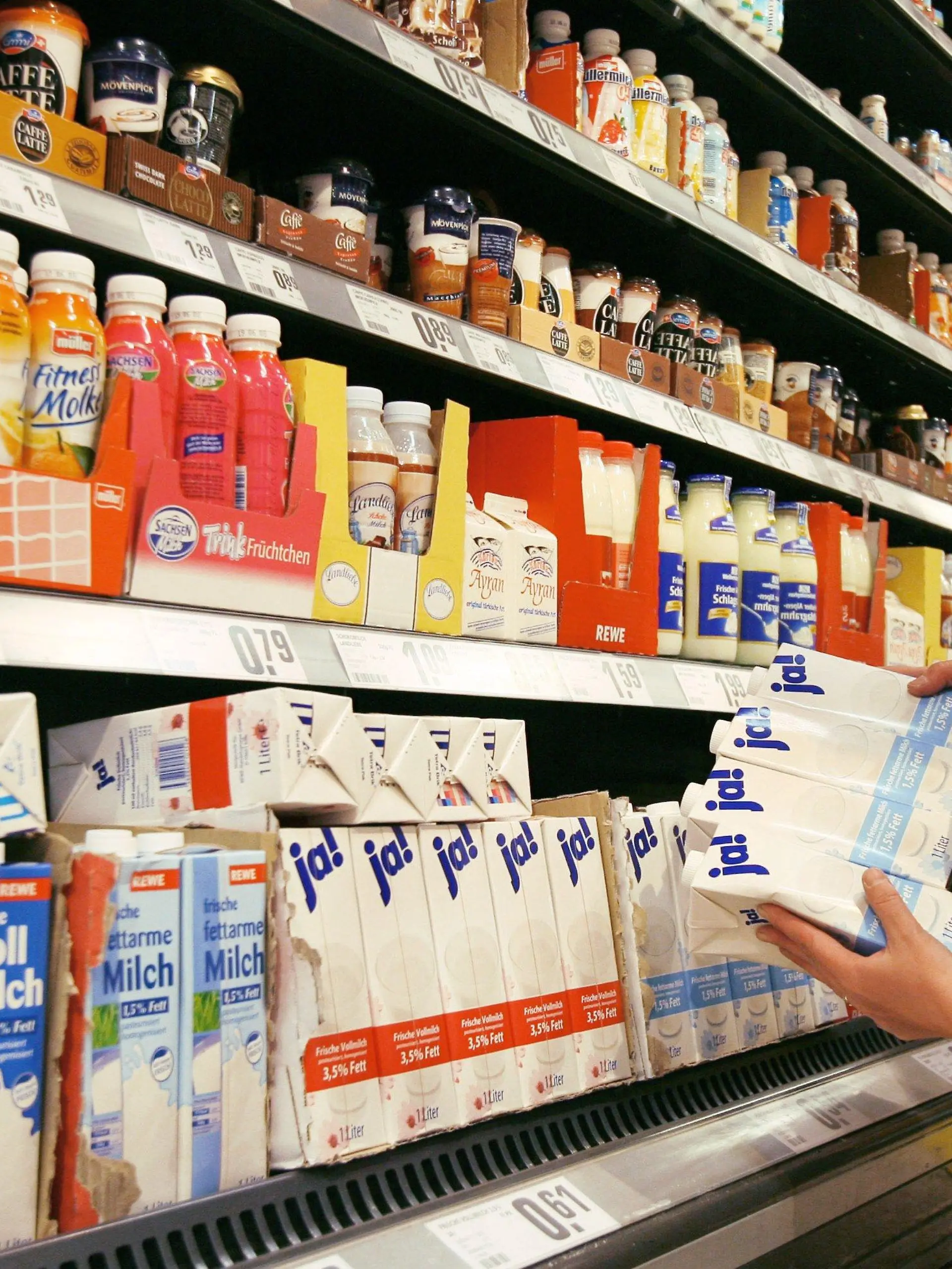 ARCHIV - Eine Rewe-Mitarbeiterin sortiert im Supermarkt in Potsdam Milchpackungen in ein Kühlregal (Archivfoto vom 28.05.2008). Der längste Tarifstreit in der Geschichte des deutschen Einzelhandels ist beigelegt. Die Gewerkschaft ver.di und die Arbeitgeber einigten sich am Donnerstag (10.07.2008) in Gerlingen bei Stuttgart auf einen neuen Flächentarifvertrag, wie beide Seiten verkündeten.Foto: Nestor Bachmann dpa/lbn +++(c) dpa - Bildfunk+++
