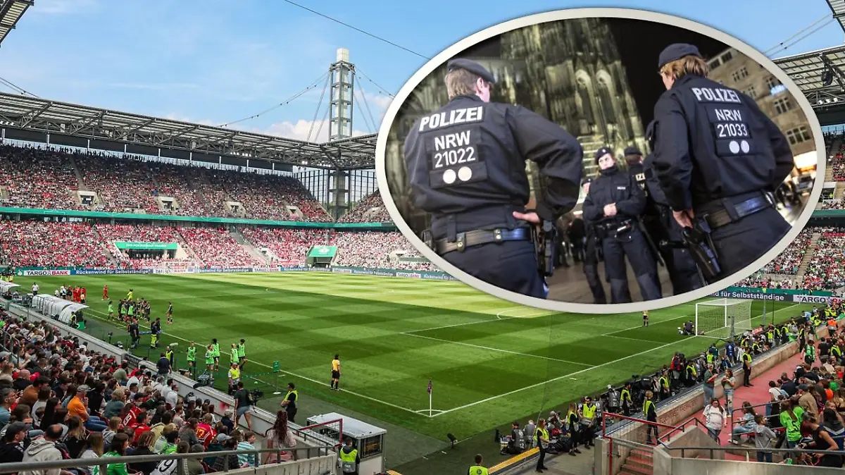 Auf dem großen Bild ist ein Foto des Fußballstadions in München zu sehen, auf dem kleinen, runden, zwei Polizisten vor dem Kölner Dom.