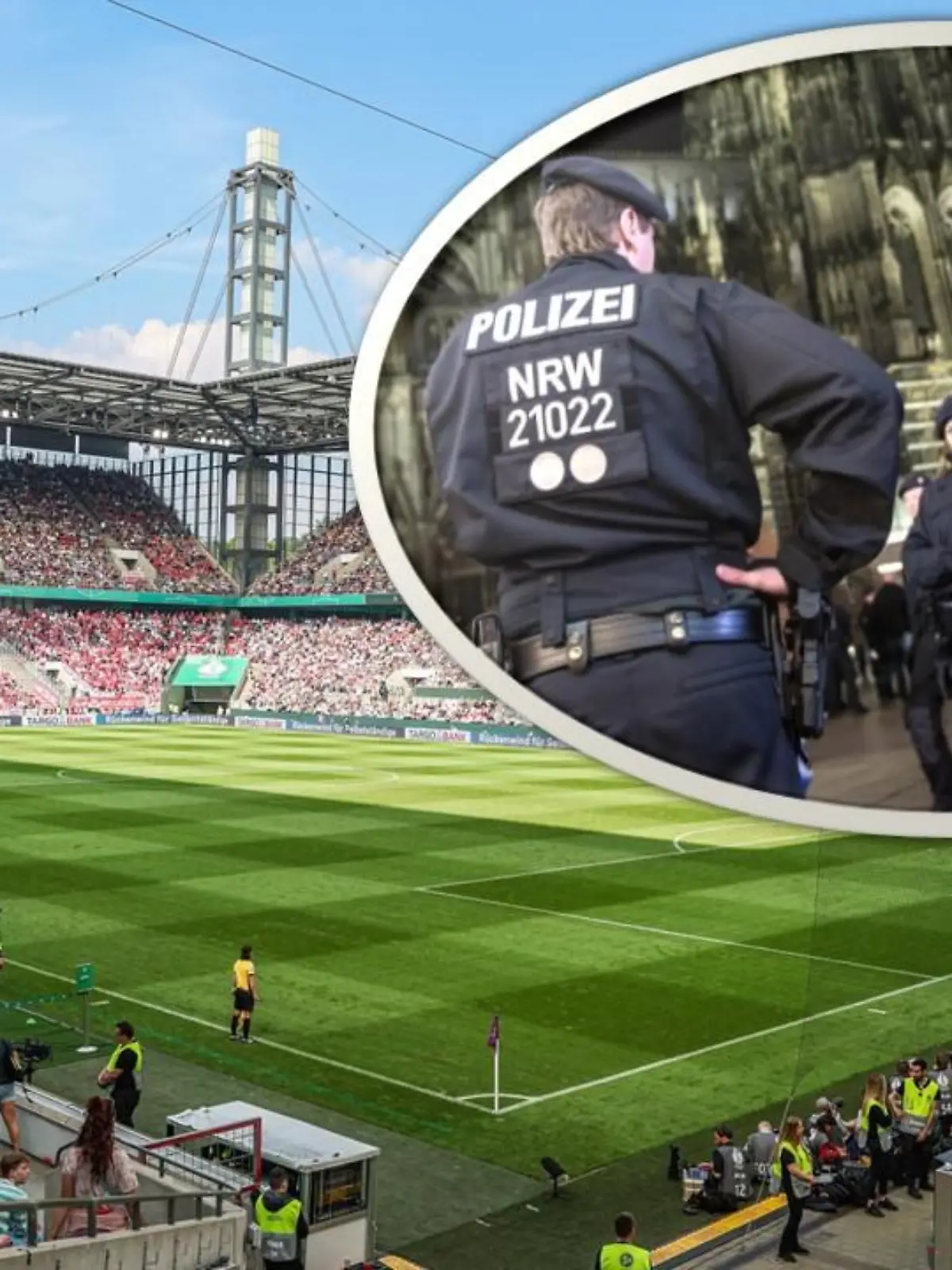 Auf dem großen Bild ist ein Foto des Fußballstadions in München zu sehen, auf dem kleinen, runden, zwei Polizisten vor dem Kölner Dom.
