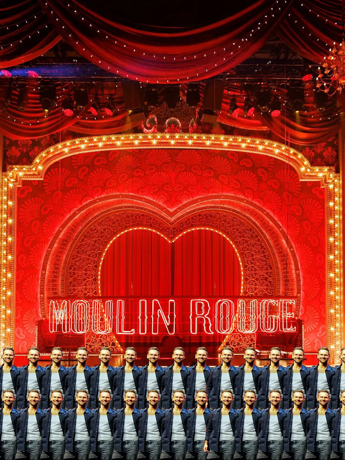 Die Darsteller des Musical 'Moulin Rouge! Das Musical' zeigen kleine Ausschnitte aus der Show die in Kürze im Kölner Musical Dome Premiere feiert. Das Bühnenbild ist in Rot gehalten und von einer roten Windmühle und einem blauen Elefanten gesäumt. Köln, 03.11.2022