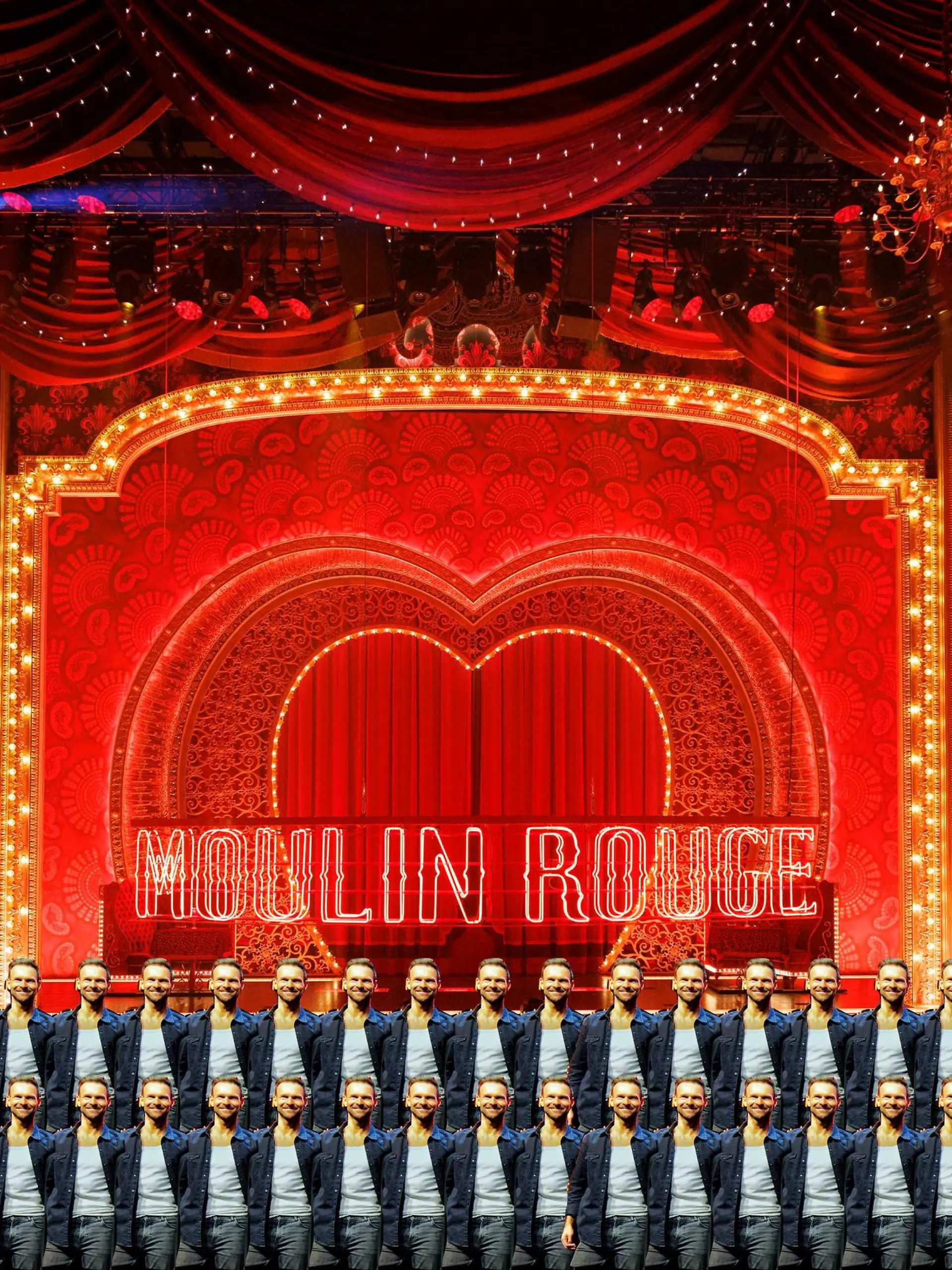 Die Darsteller des Musical 'Moulin Rouge! Das Musical' zeigen kleine Ausschnitte aus der Show die in Kürze im Kölner Musical Dome Premiere feiert. Das Bühnenbild ist in Rot gehalten und von einer roten Windmühle und einem blauen Elefanten gesäumt. Köln, 03.11.2022