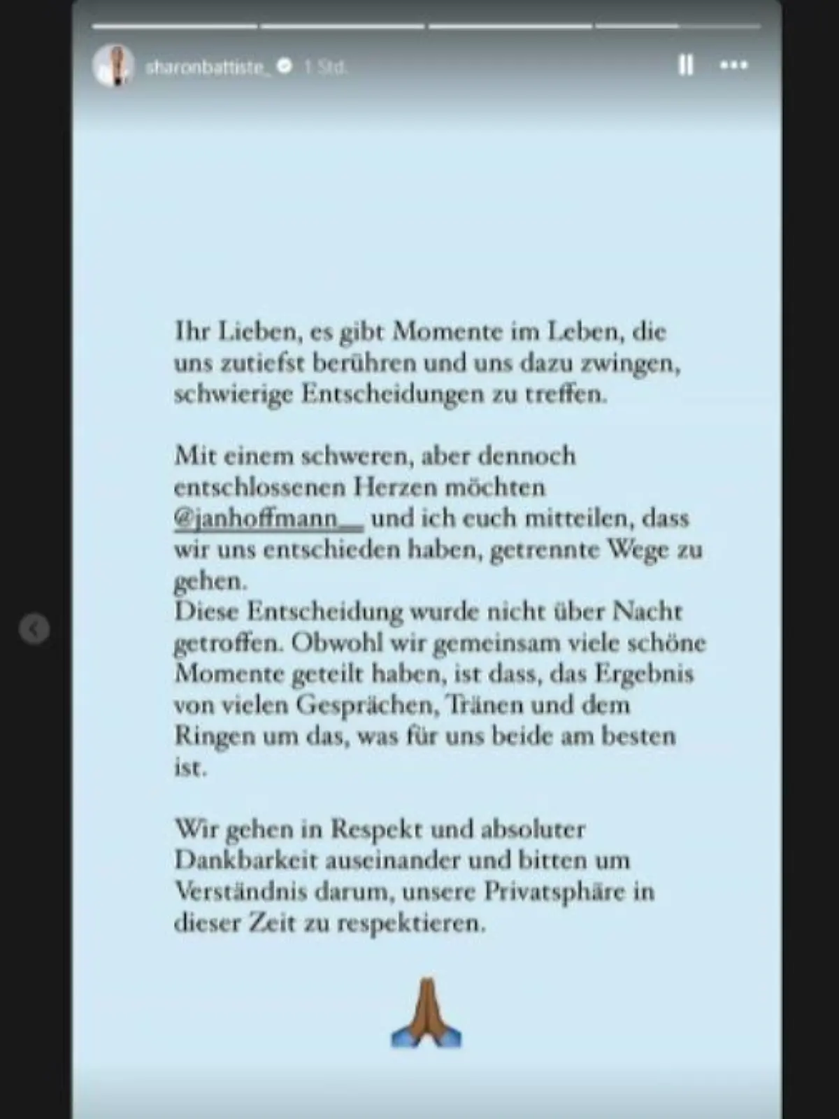 In ihrer Story verkündet Sharon Battiste ihre Trennung von Jan Hoffmann.