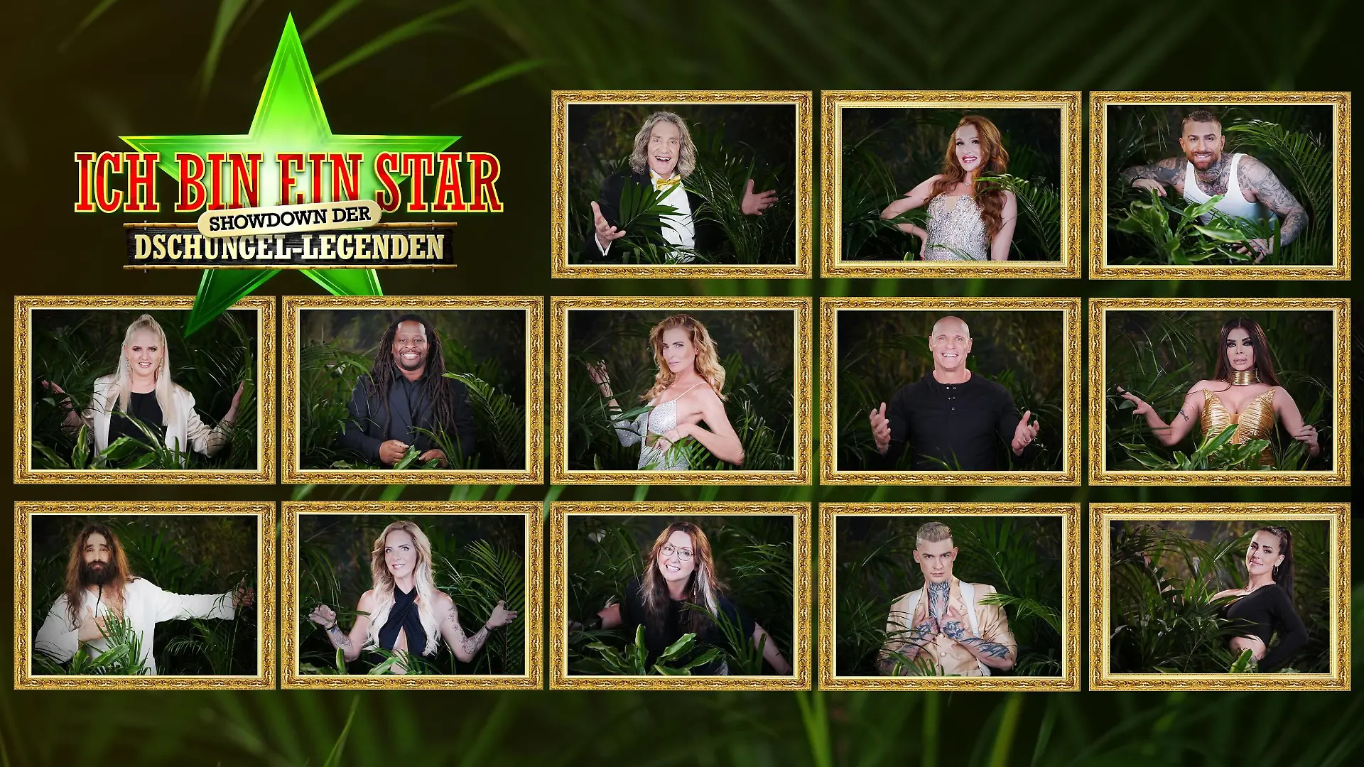 Der Cast der Dschungel Legenden v.o.l.: Winfried Glatzeder, Georgina Fleur, Gigi Birofio, Sarah Knappik, Mola Adebisi, Giulia Siegel, Thorsten Legat, Kader Loth, David Ortega, Daniela Büchner, Hanka Rackwitz, Eric Stehfest, Elena Miras
